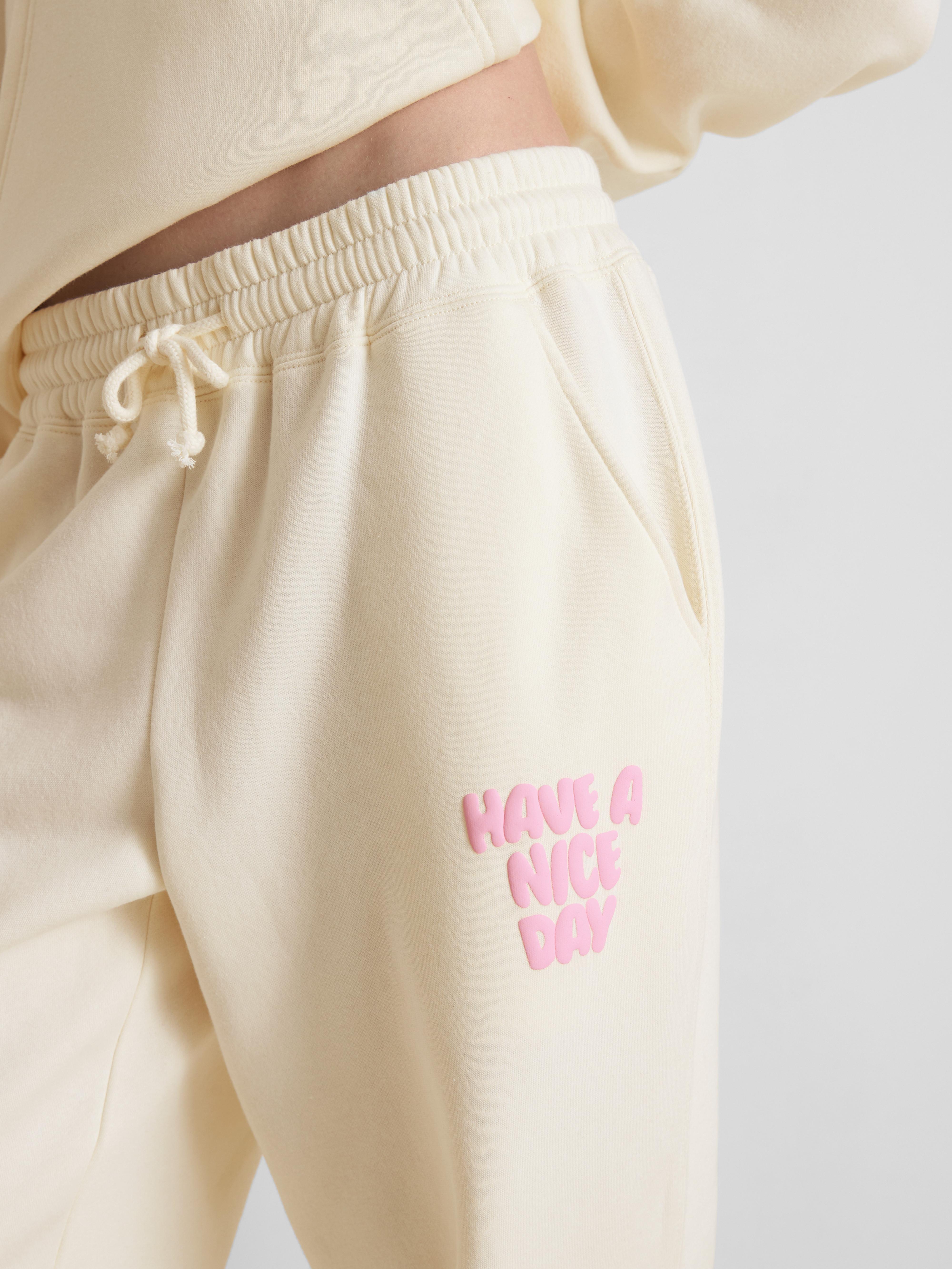 Women's Ivory Cotton Blend Printed Cuffed Joggers