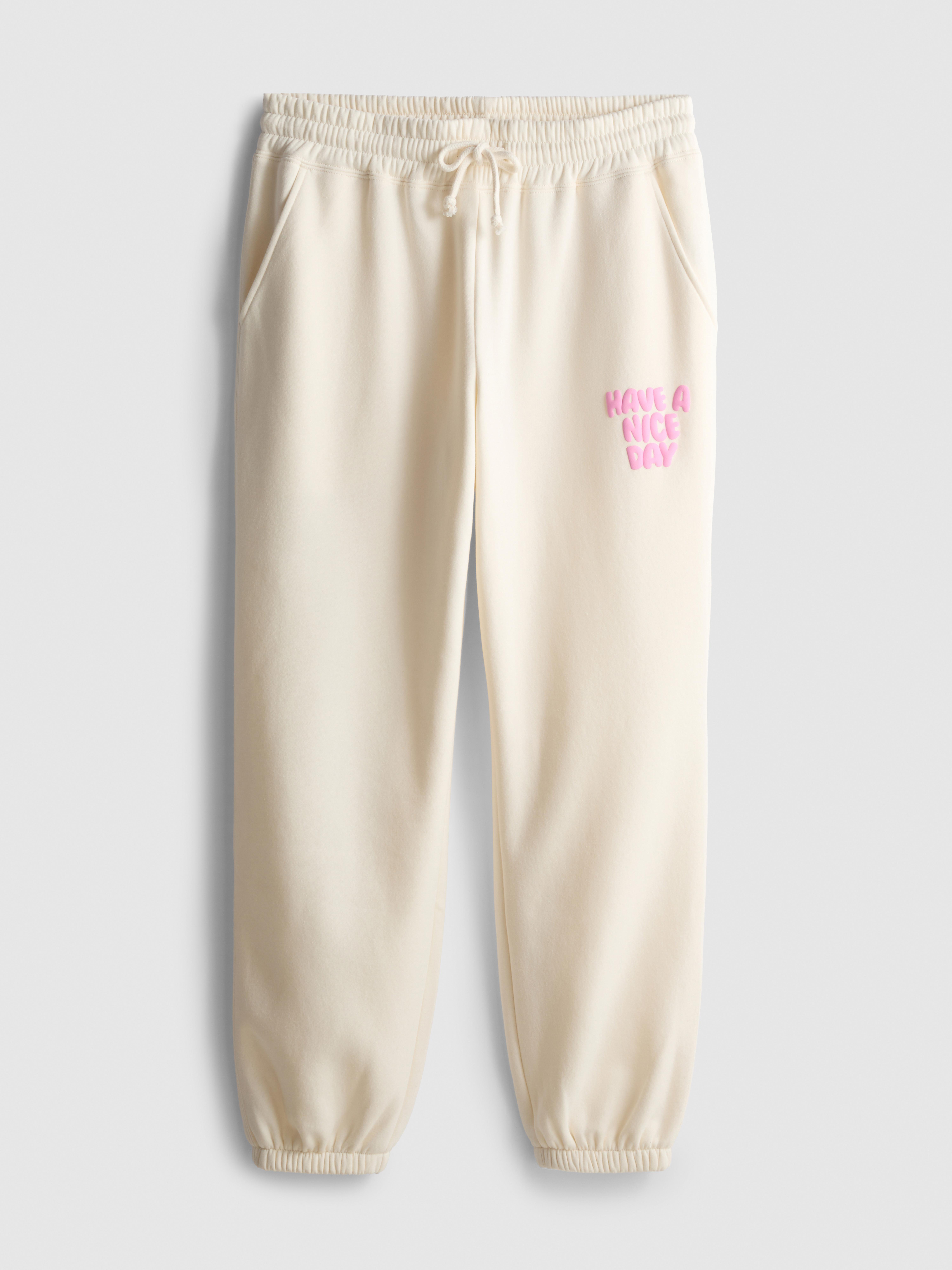 Women's Ivory Cotton Blend Printed Cuffed Joggers