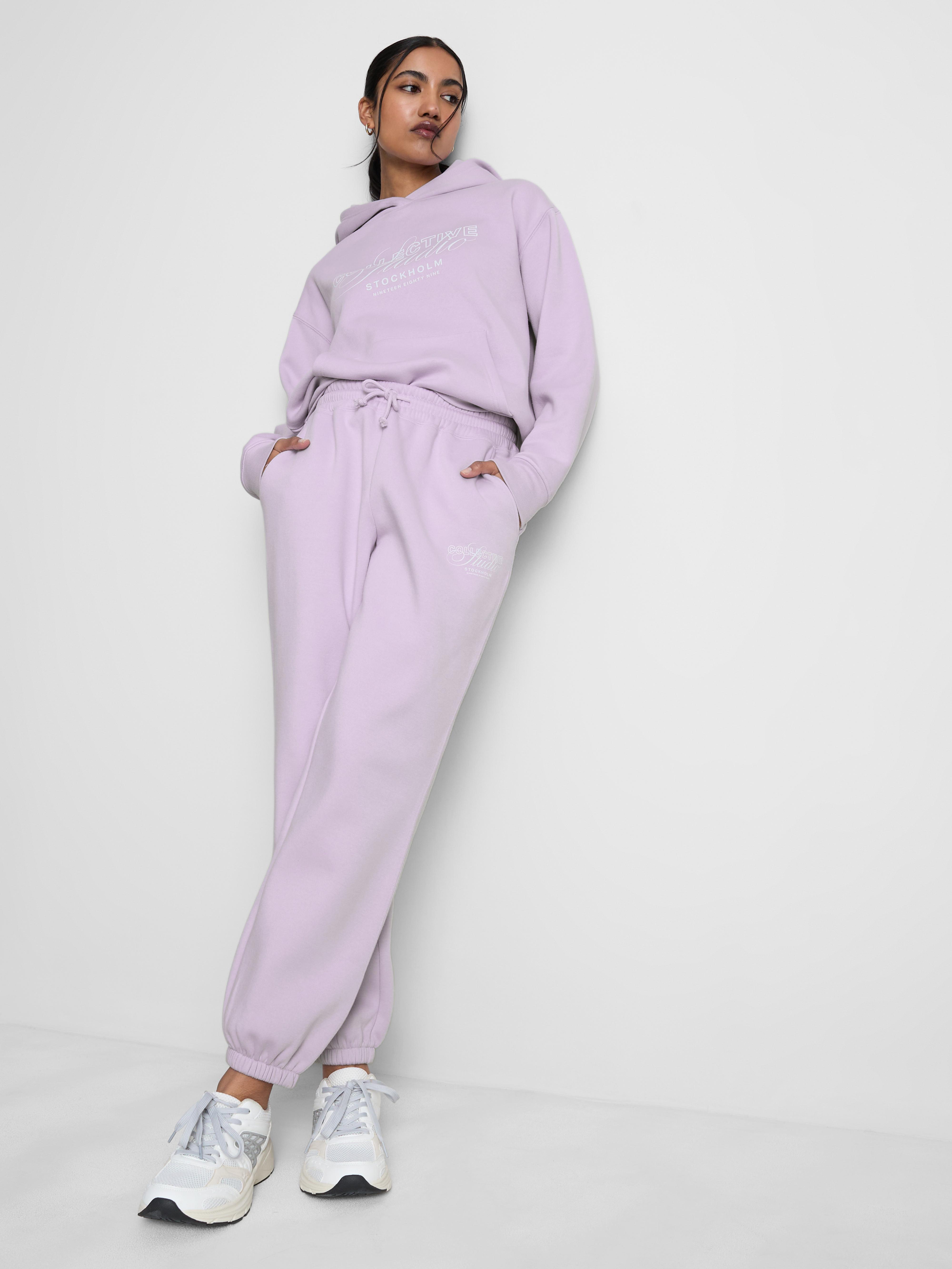 Women's Lilac Cotton Blend Printed Cuffed Joggers