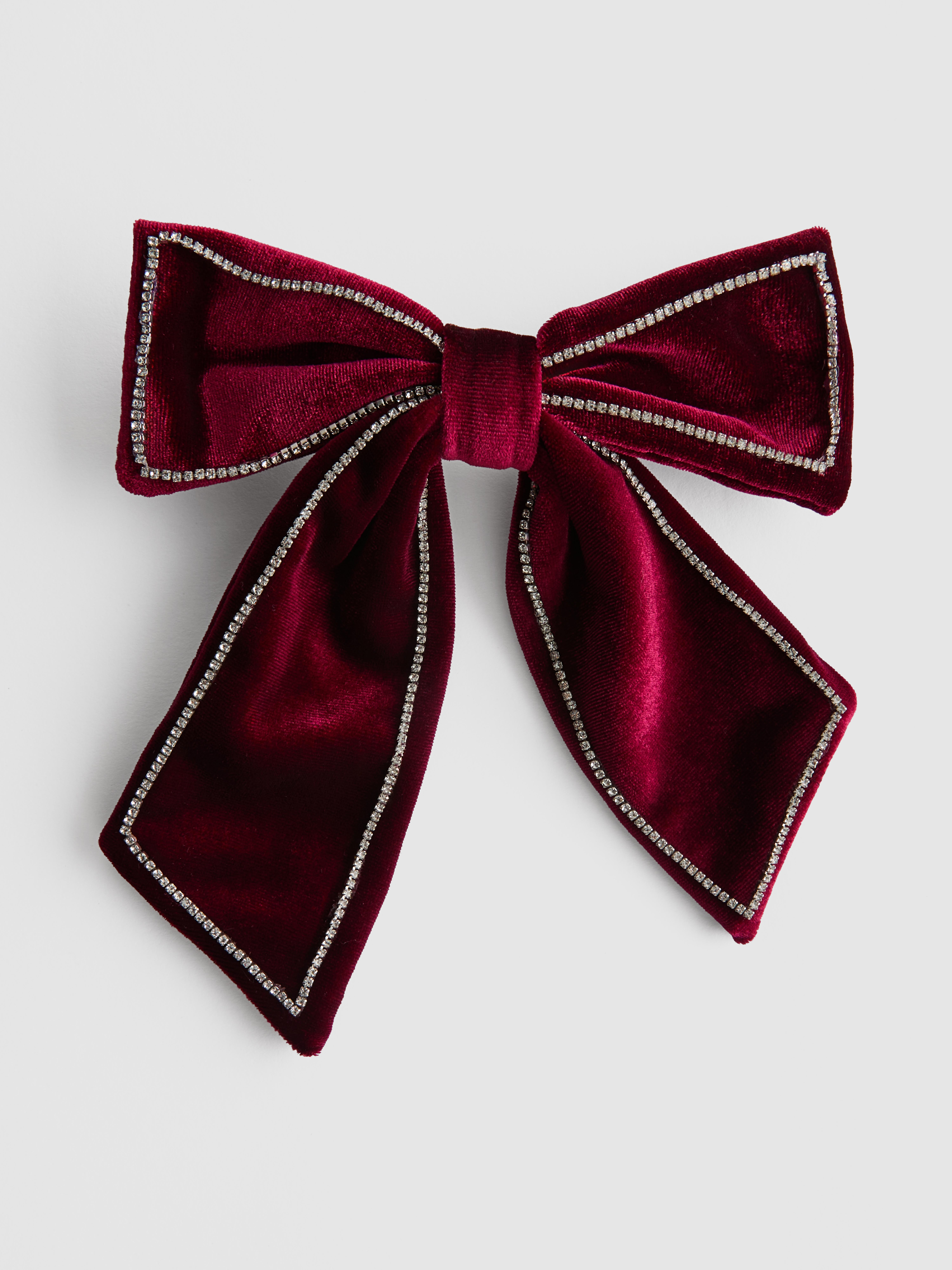Rhinestone Trim Velvet Bow Hair Clip