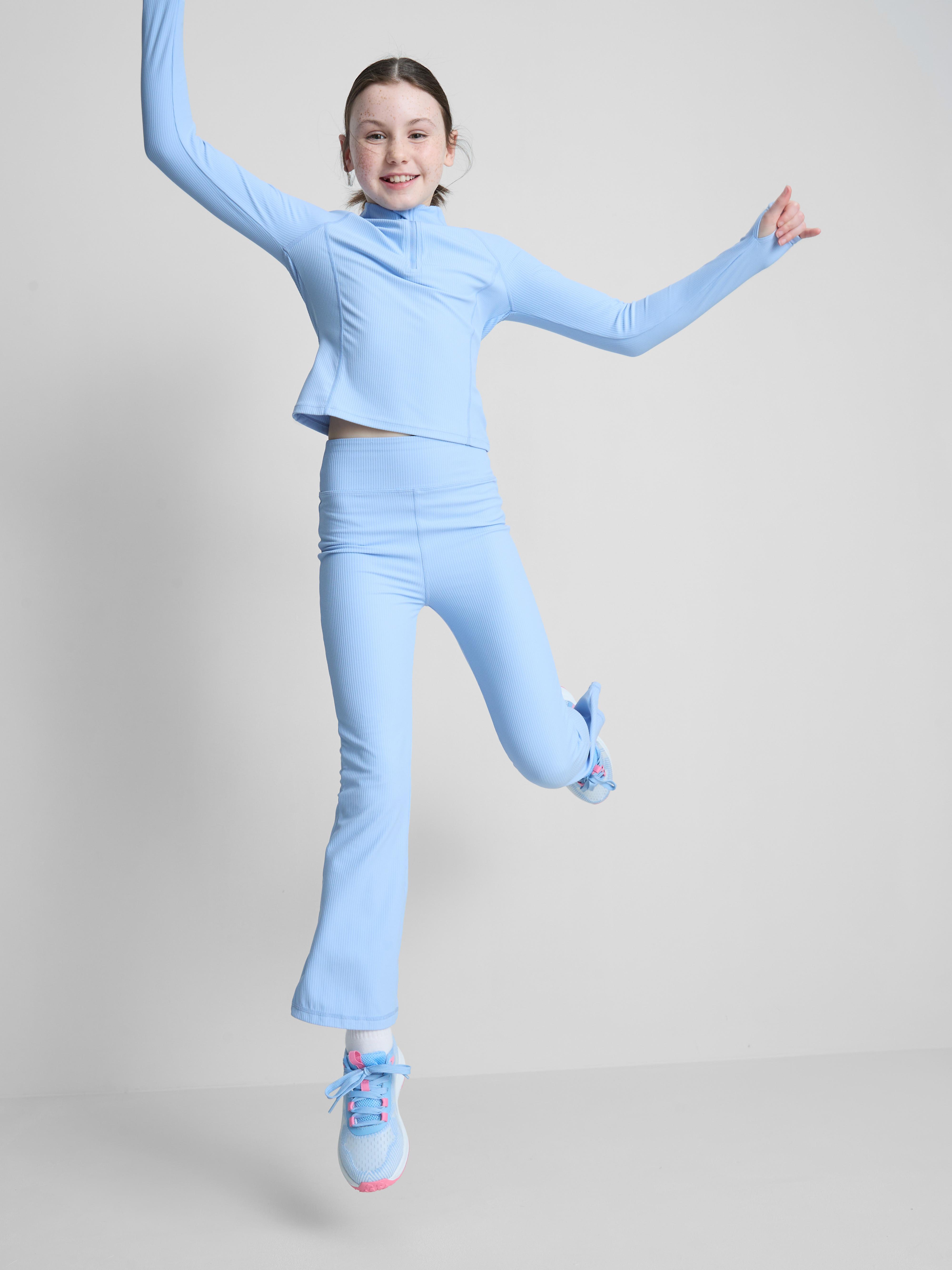 Girls Light Blue Ribbed Active Flare Leggings