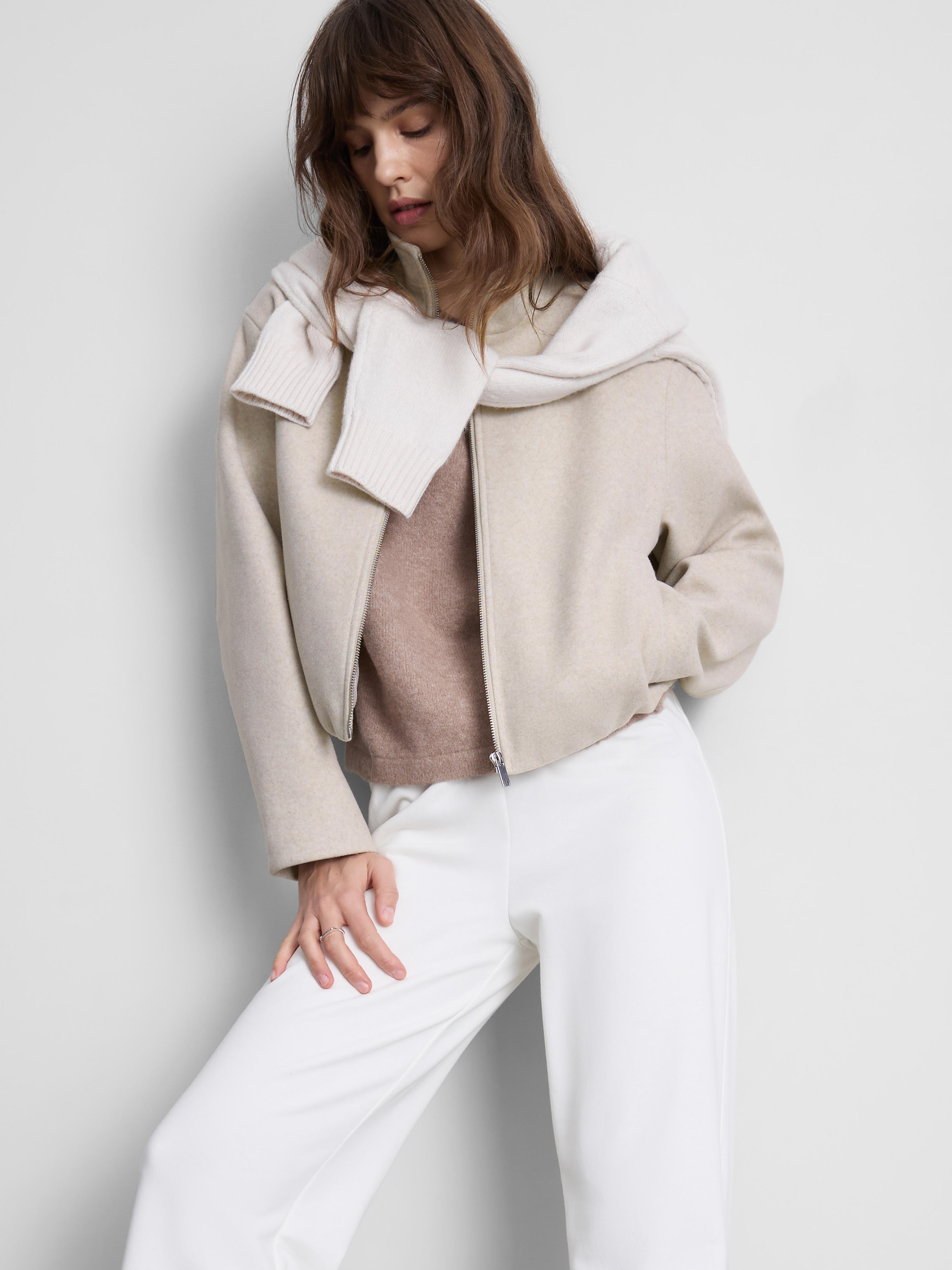 Women's Oatmeal Brushed Funnel-Neck Zip-Up Jacket