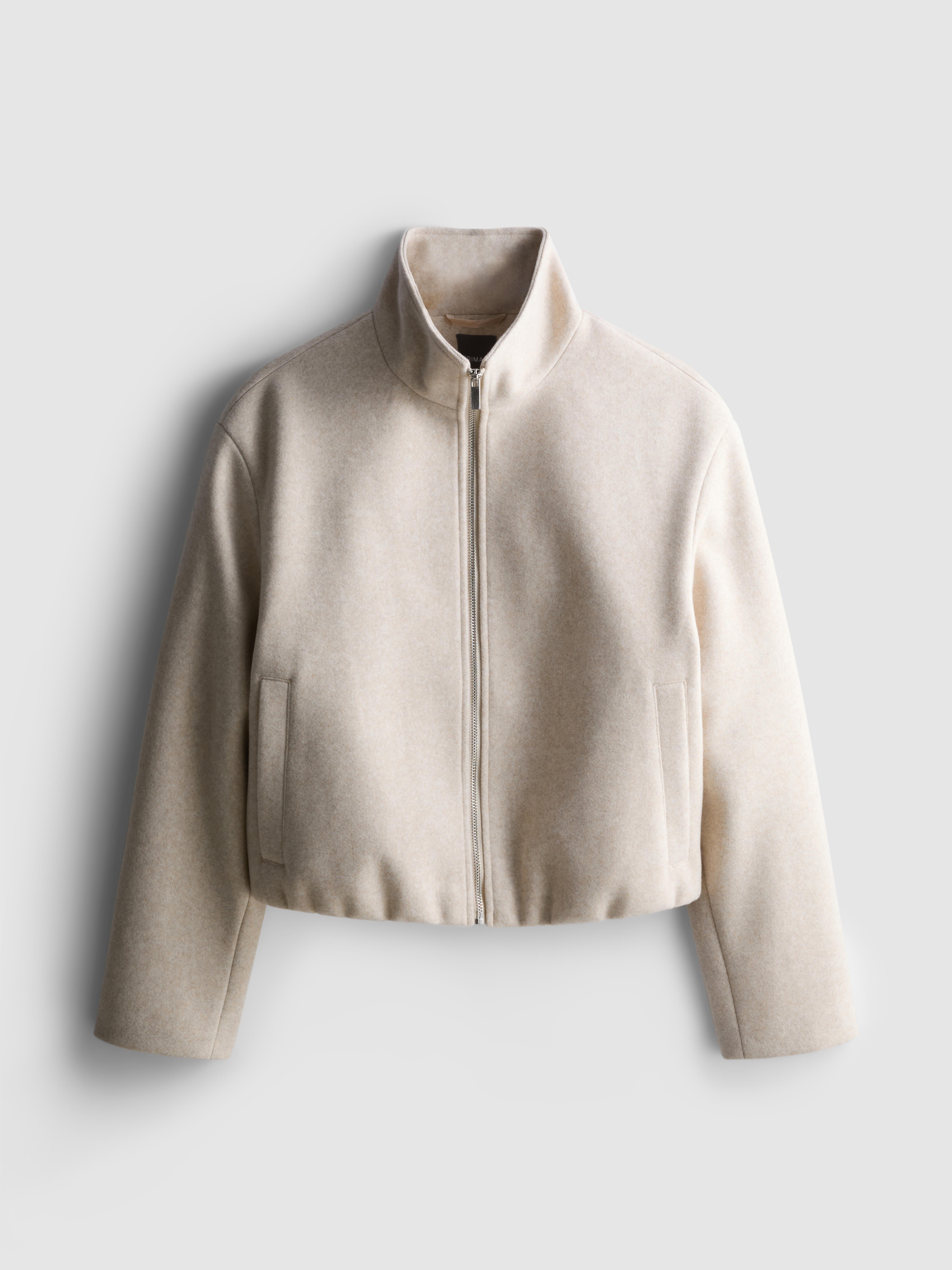 Women's Oatmeal Brushed Funnel-Neck Zip-Up Jacket