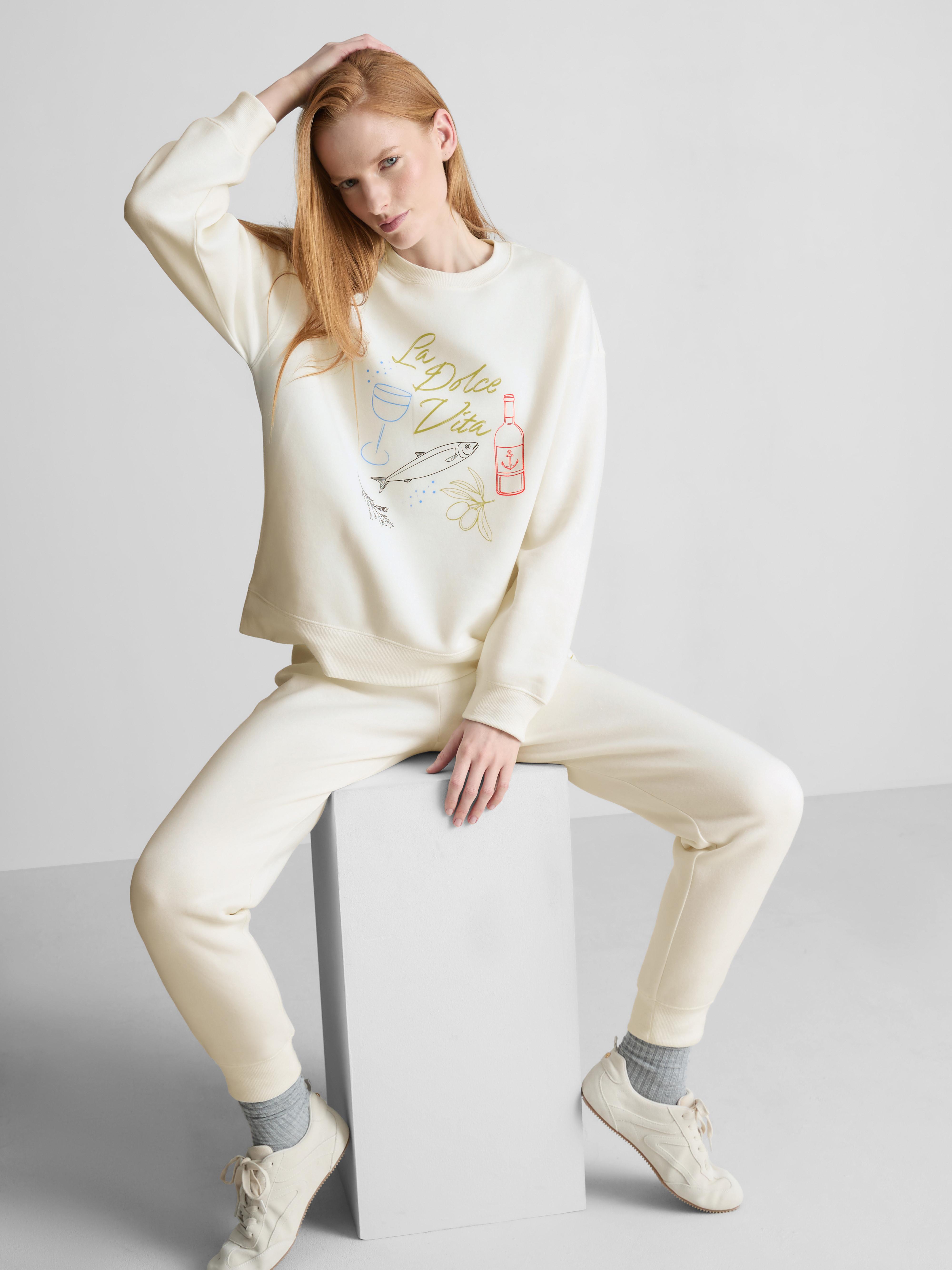 Lässiges Sweatshirt aus Baumwollmischung mit Print Elfenbeinfarben