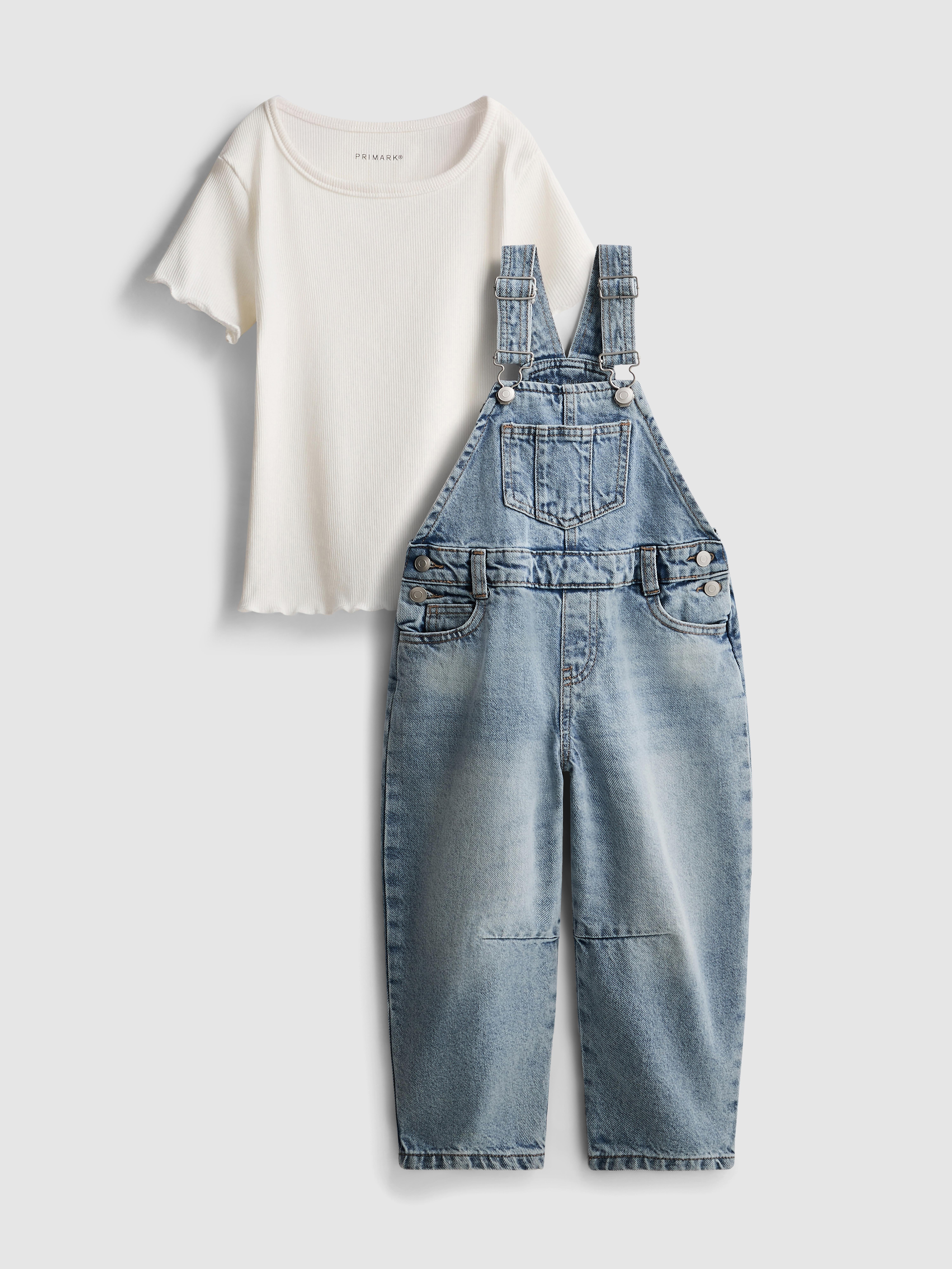 1.5-8yrs | Ribbed T-Shirt and Barrel Leg Denim Overalls Set