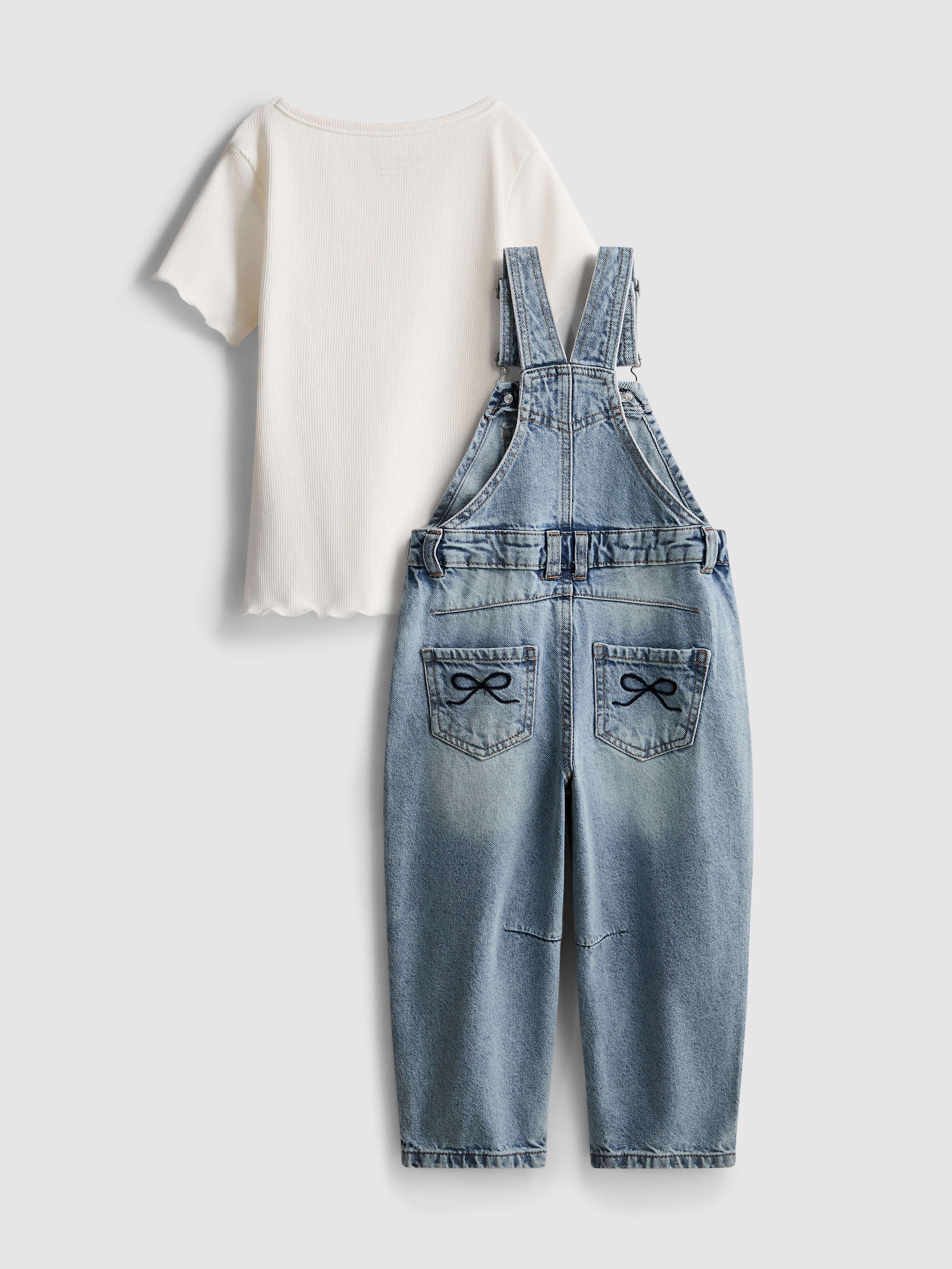 1.5-8yrs | Ribbed T-Shirt and Barrel Leg Denim Overalls Set