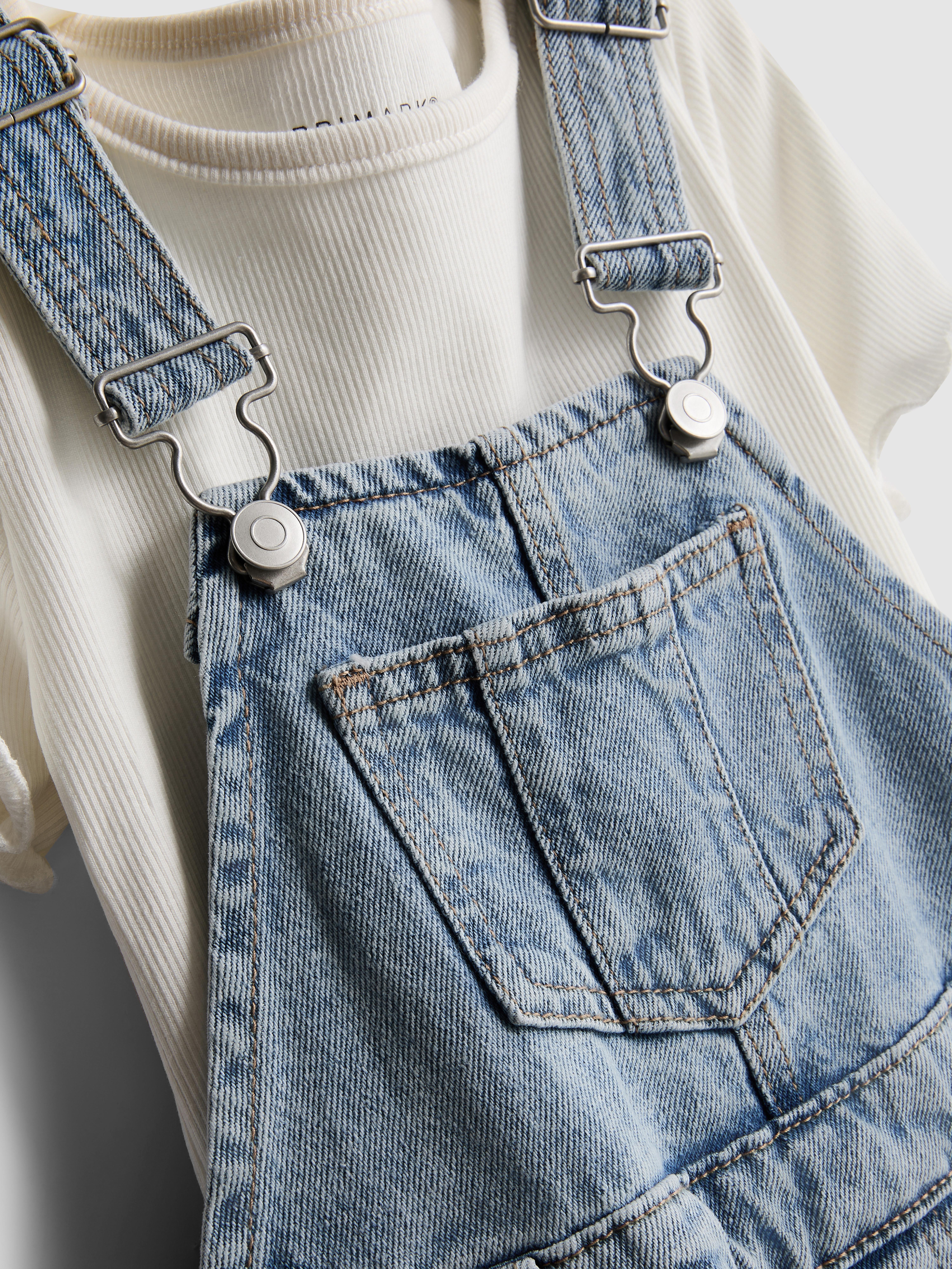 1.5-8yrs | Ribbed T-Shirt and Barrel Leg Denim Overalls Set