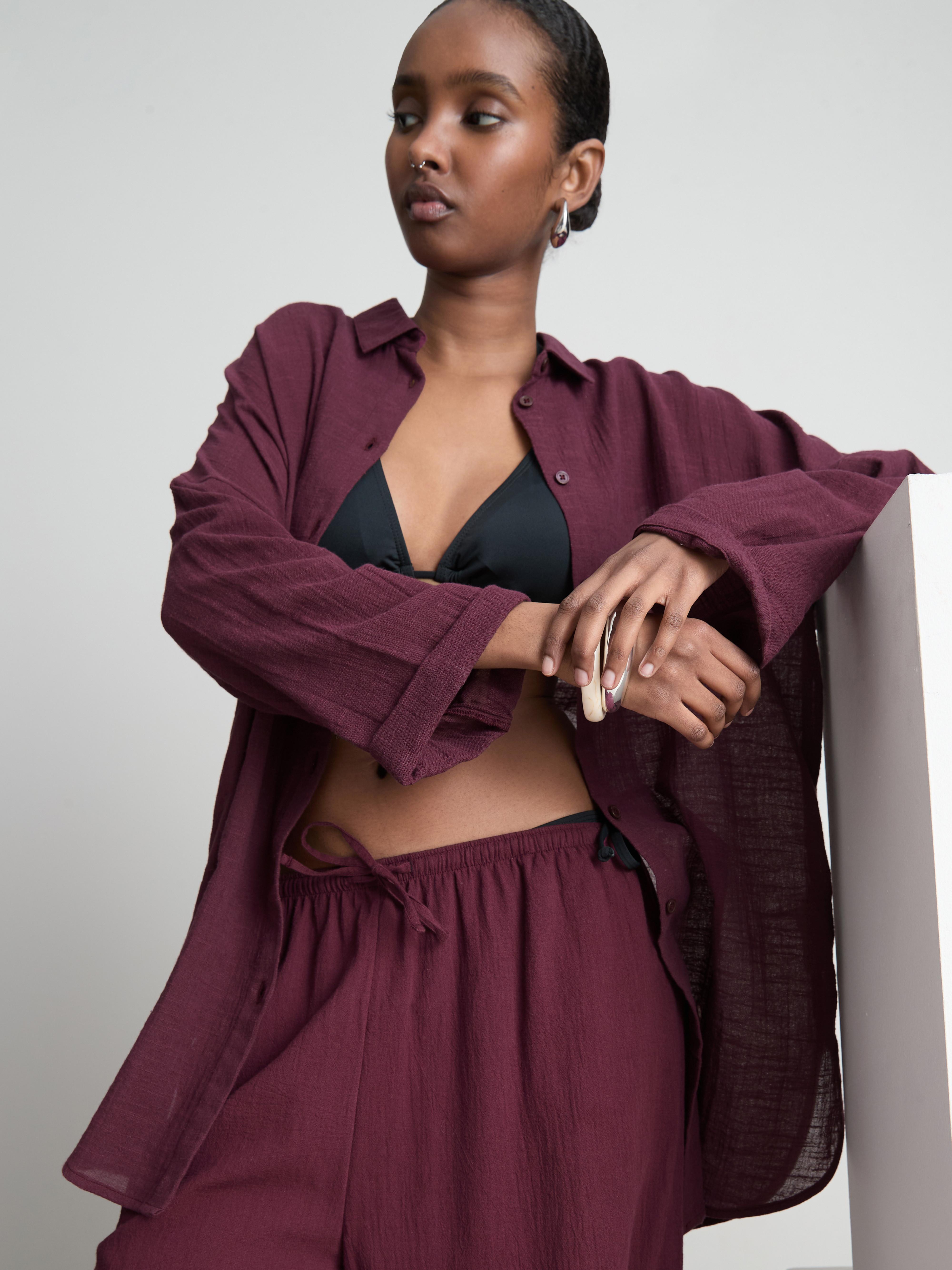 Women's Dark Purple Button-Down Beach Shirt