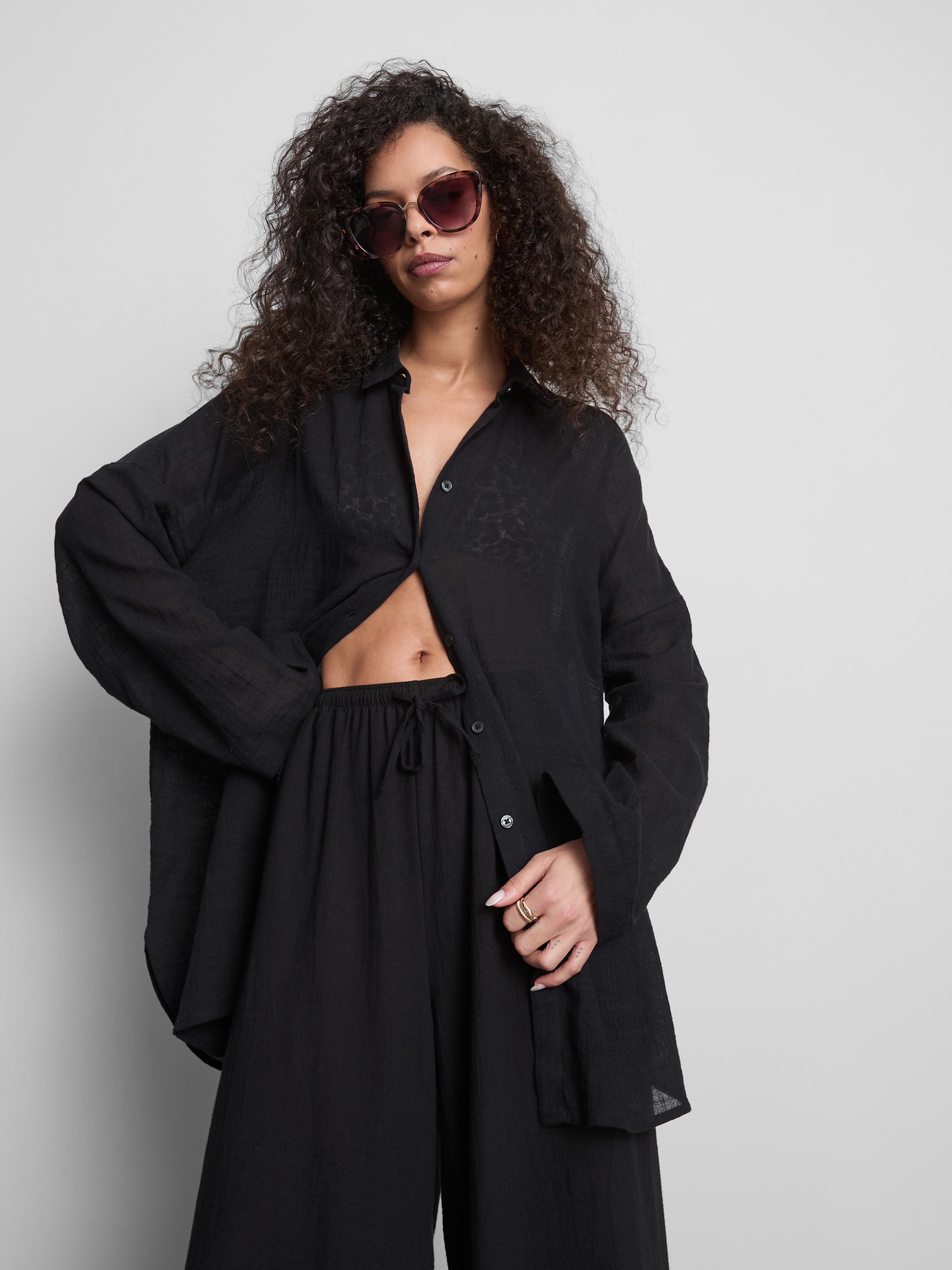 Women's Black Button-Down Beach Shirt