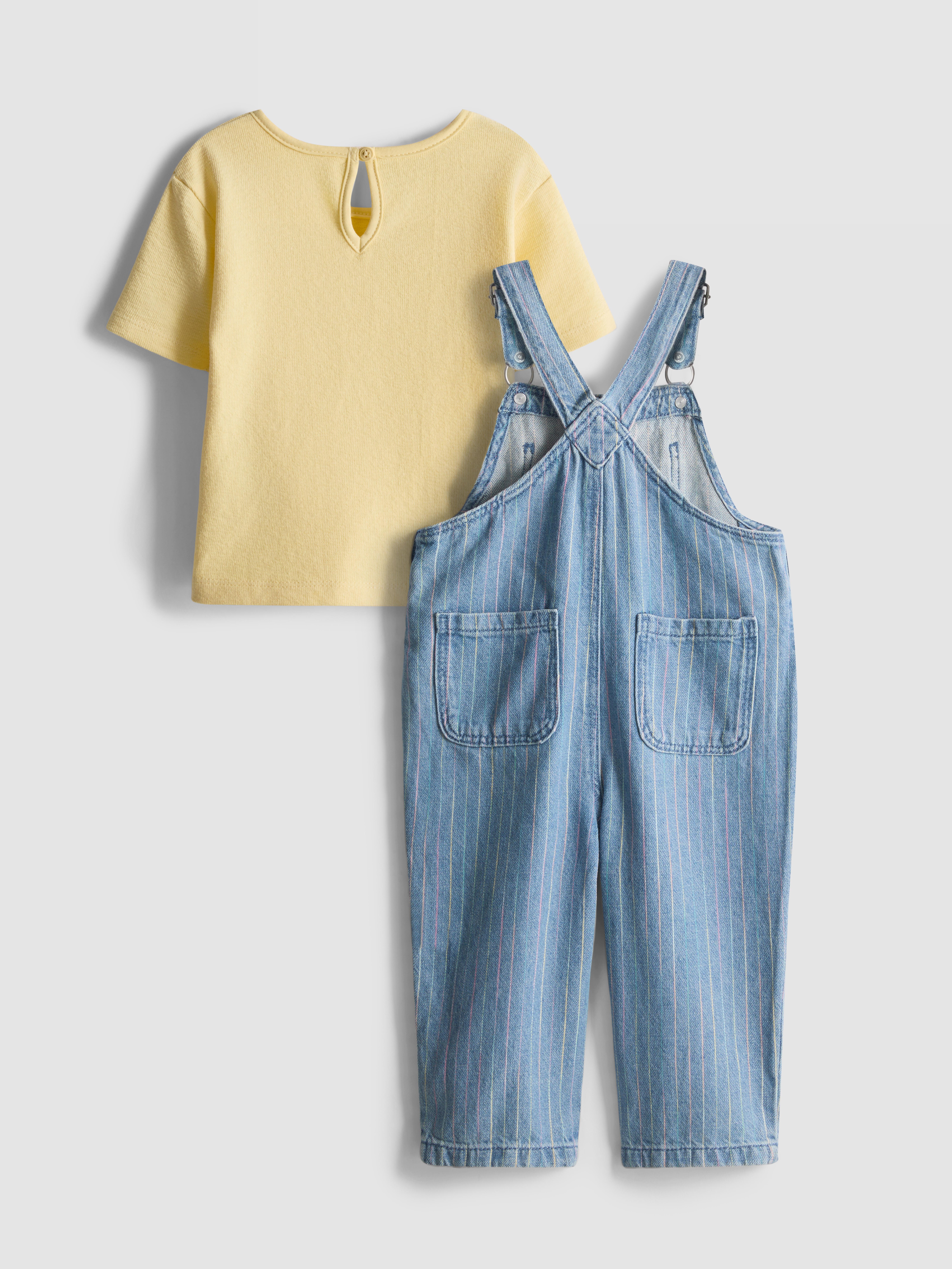0-36mths | T-Shirt and Stripe Denim Overalls Set