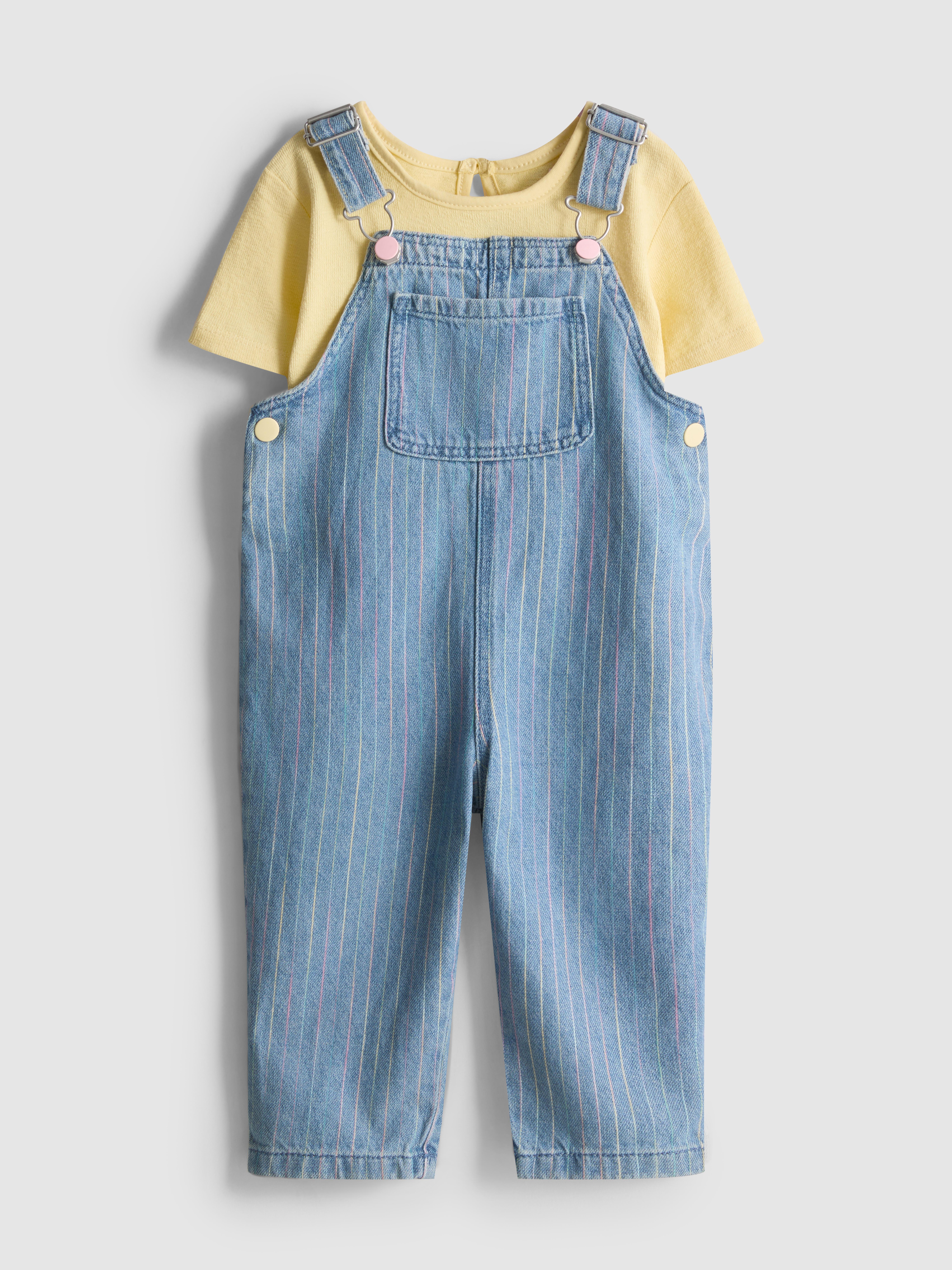 0-36mths | T-Shirt and Stripe Denim Overalls Set