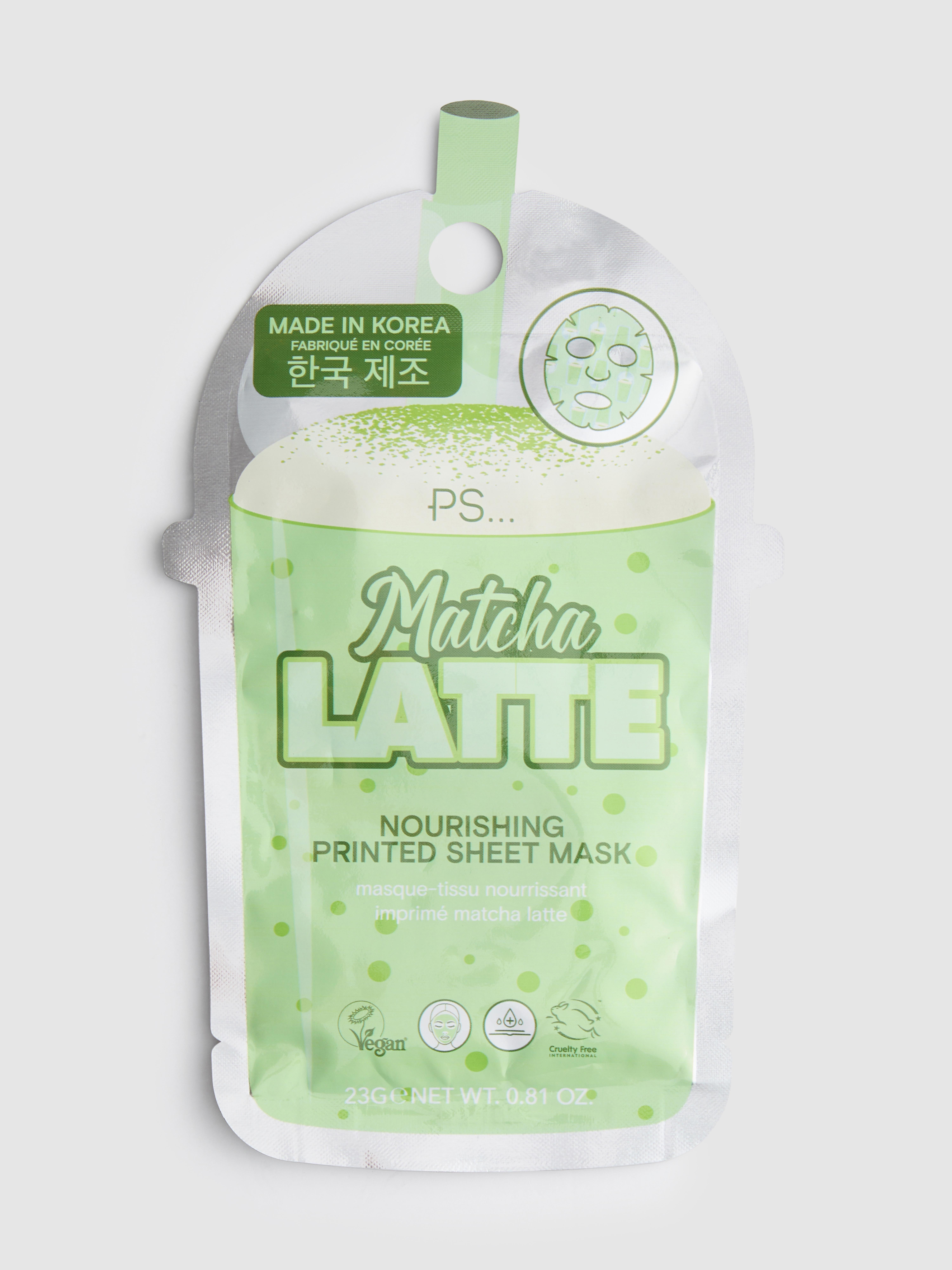 Masque-tissu à imprimé latte matcha PS...