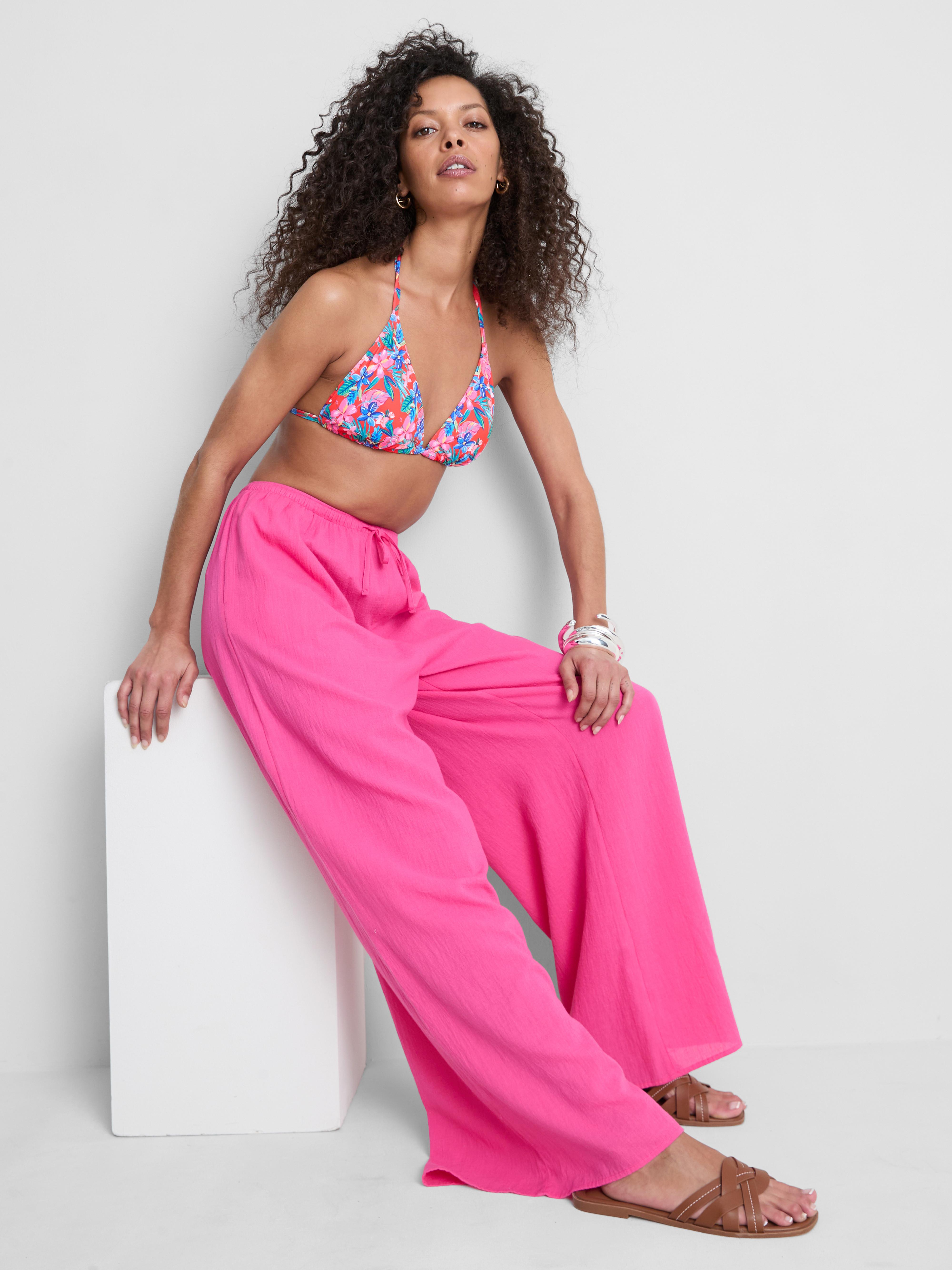 Womens Pink Cotton Wide Leg Drawstring Beach Trousers | Primark