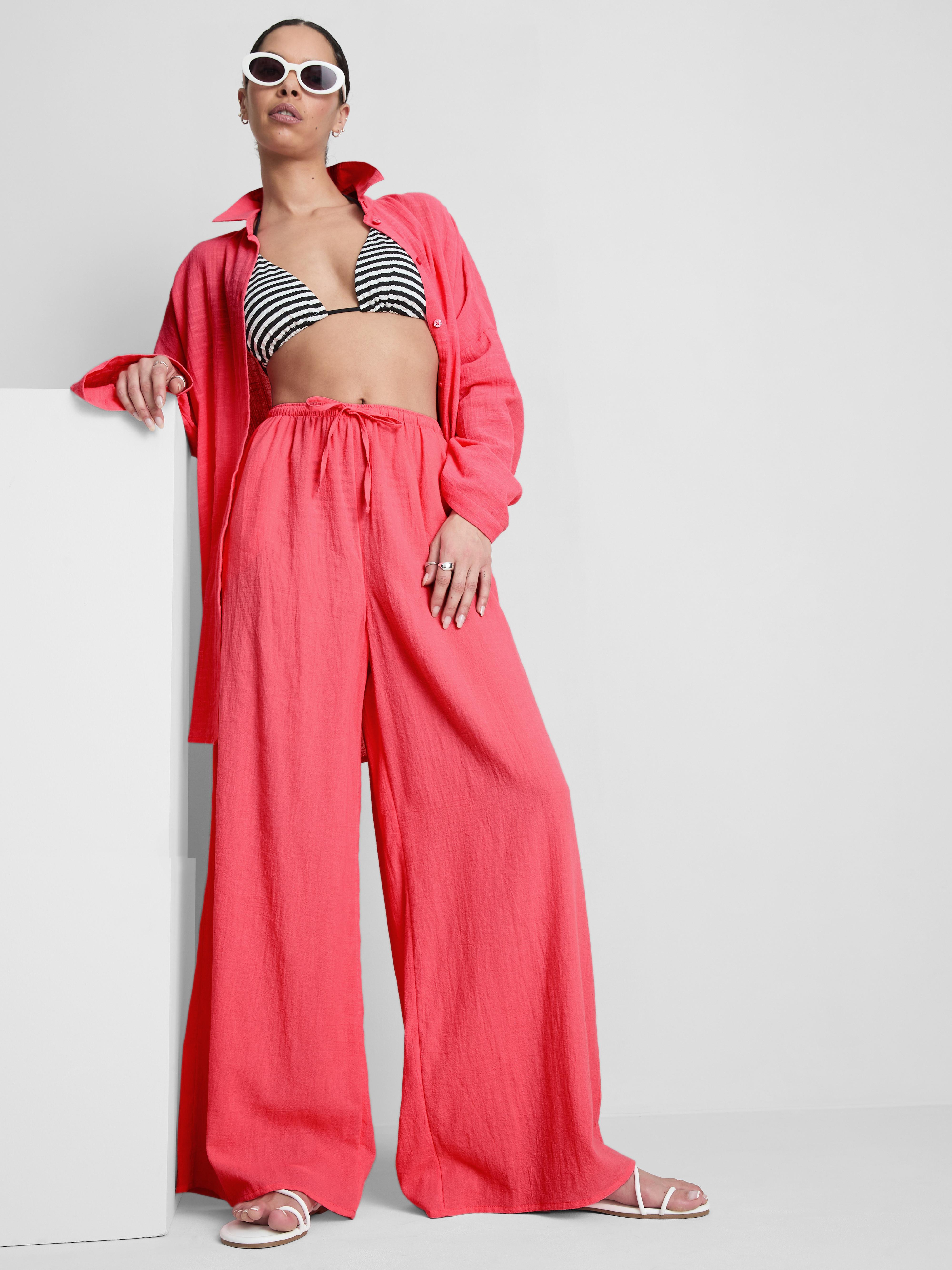 Women's Coral Cotton Wide-Leg Drawstring Beach Pants