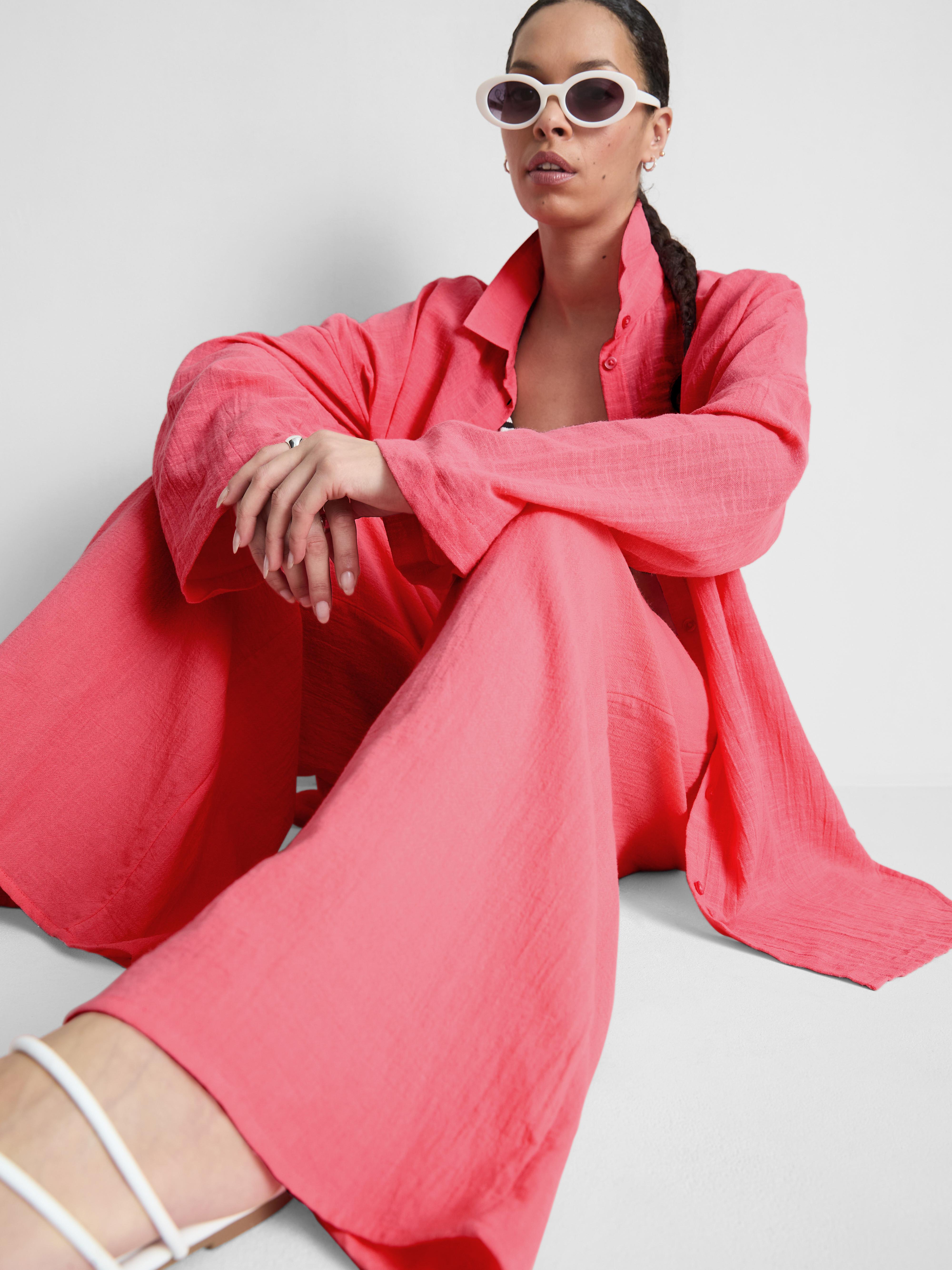 Women's Coral Cotton Wide-Leg Drawstring Beach Pants