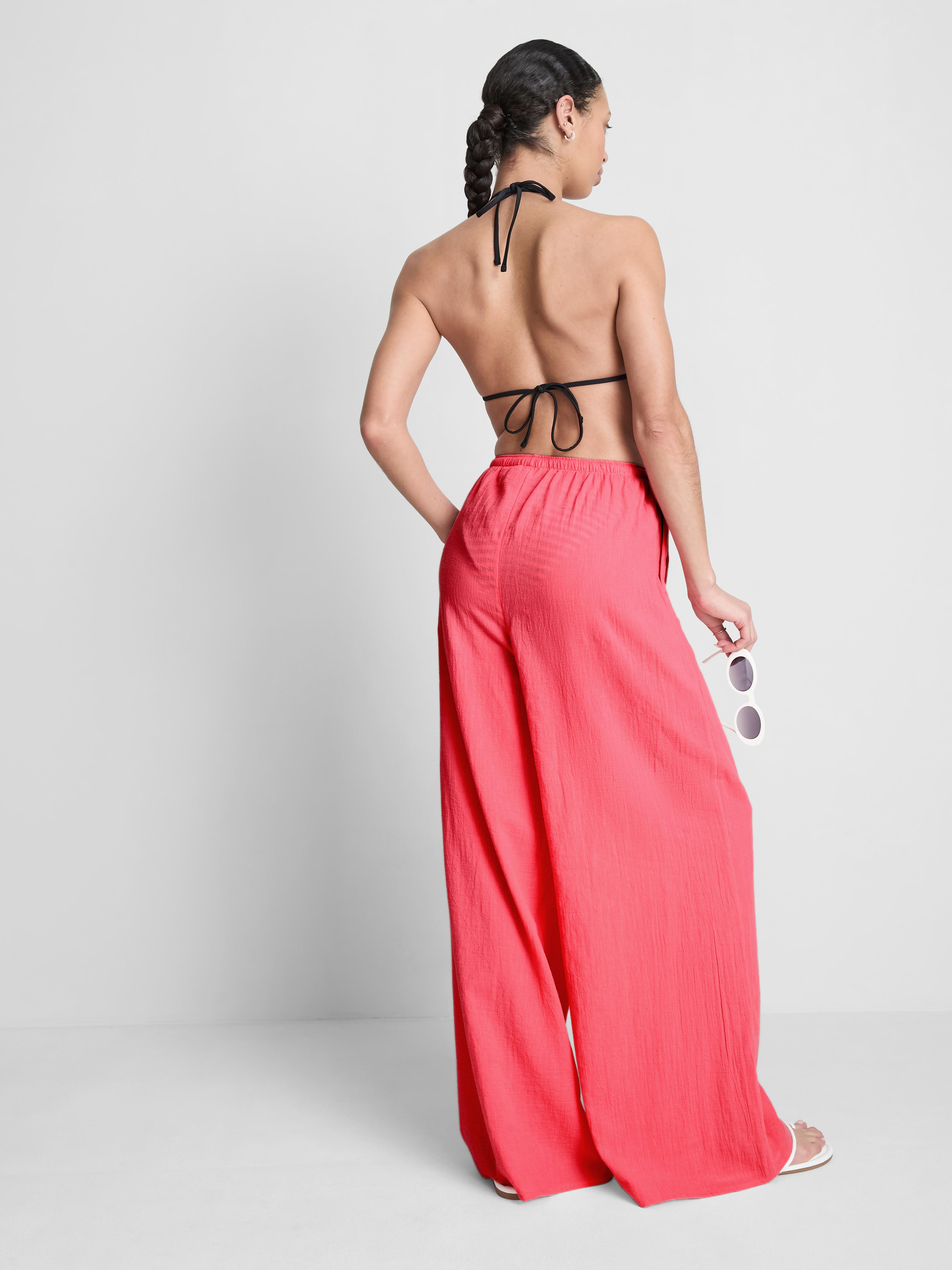 Women's Coral Cotton Wide-Leg Drawstring Beach Pants