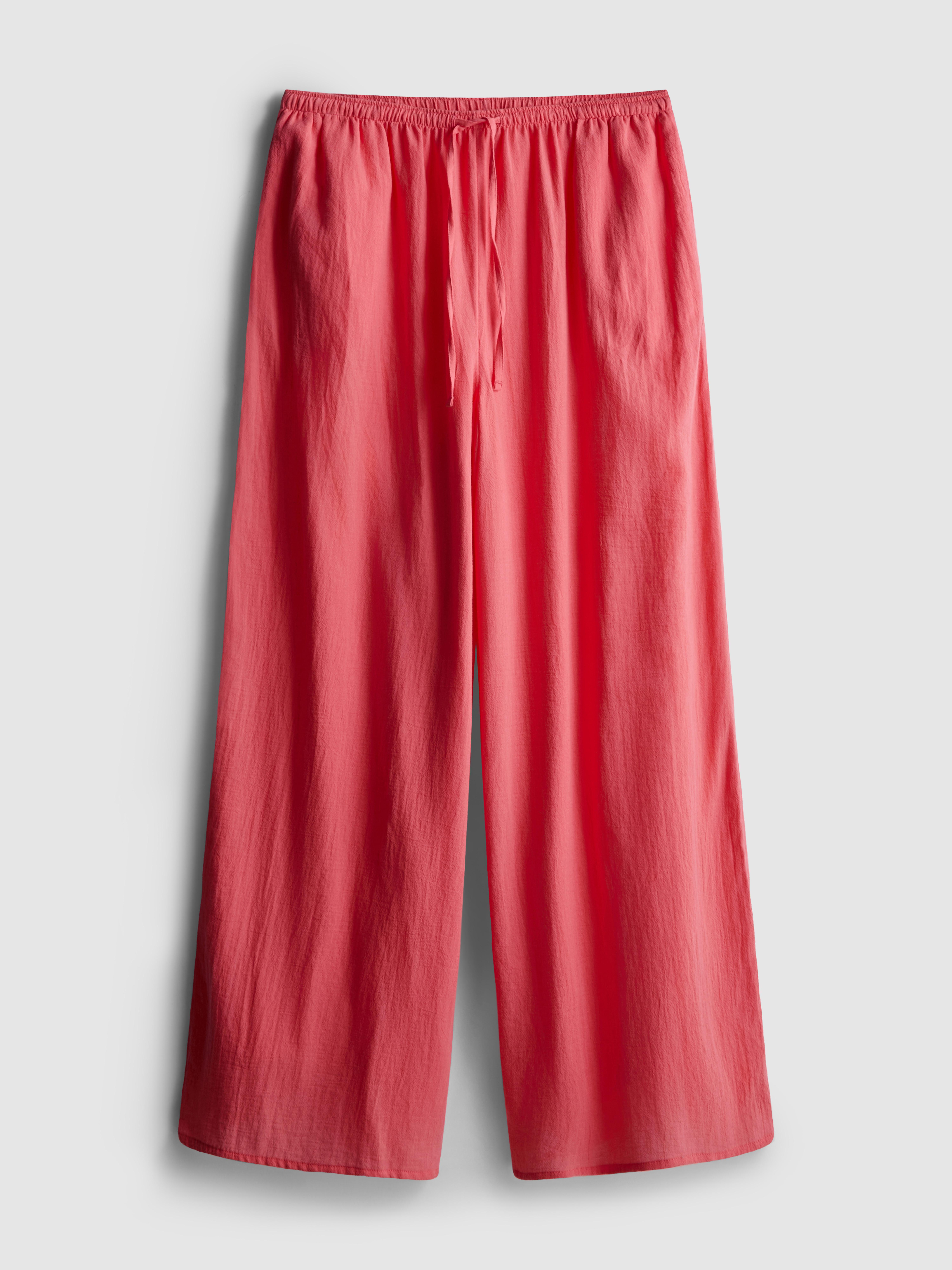 Women's Coral Cotton Wide-Leg Drawstring Beach Pants