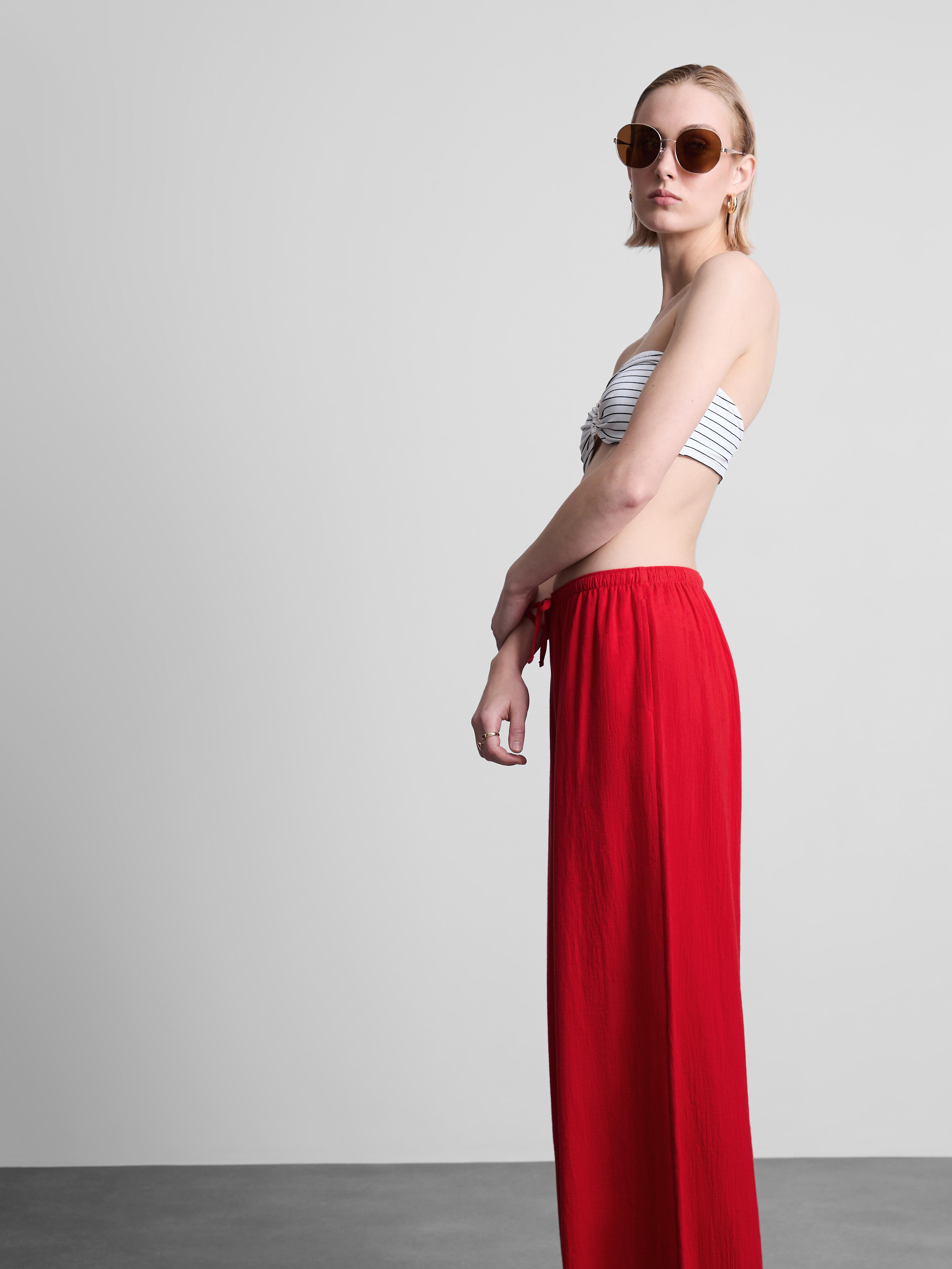 Women's Red Cotton Wide-Leg Drawstring Beach Pants