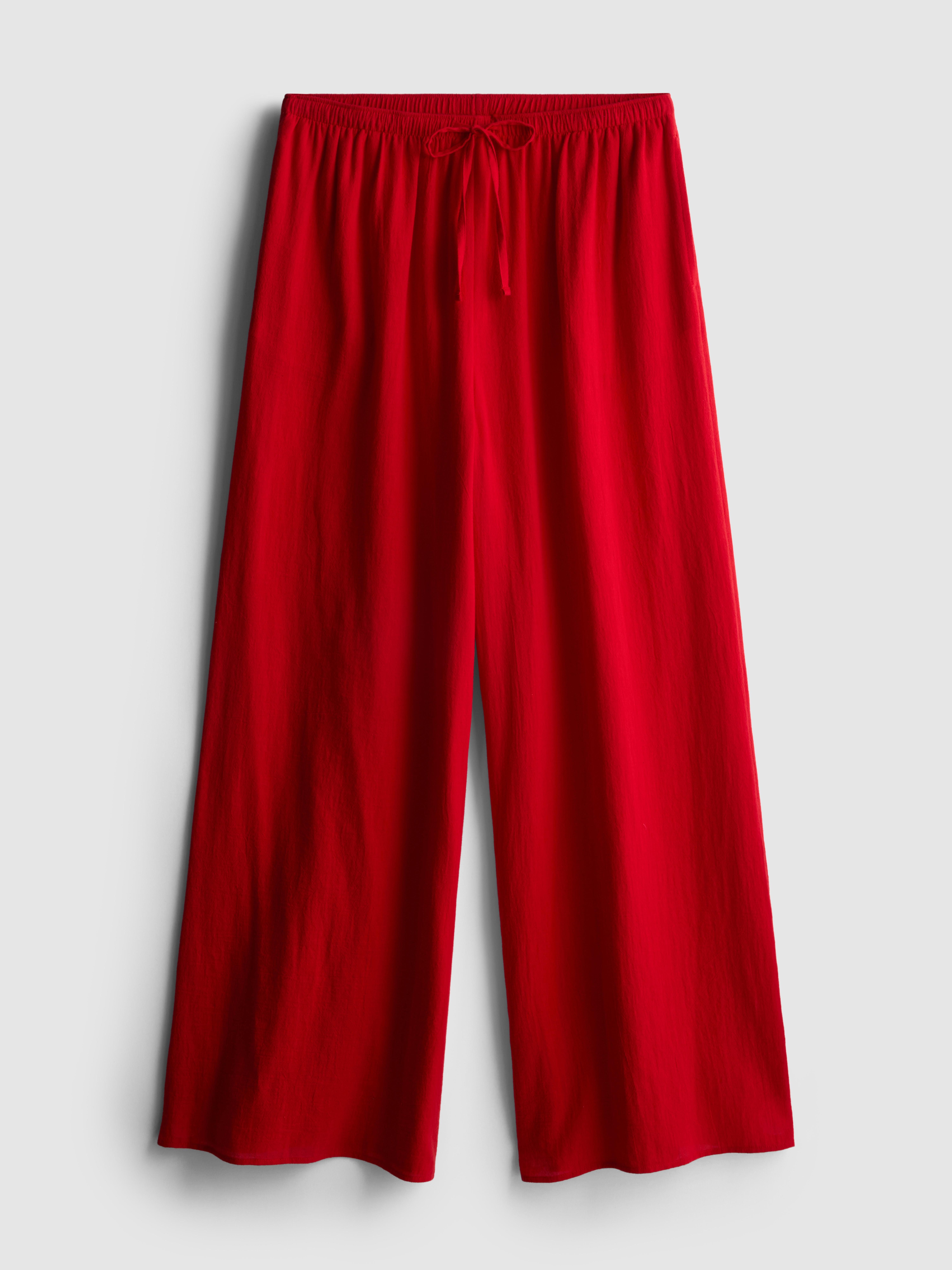 Women's Red Cotton Wide-Leg Drawstring Beach Pants
