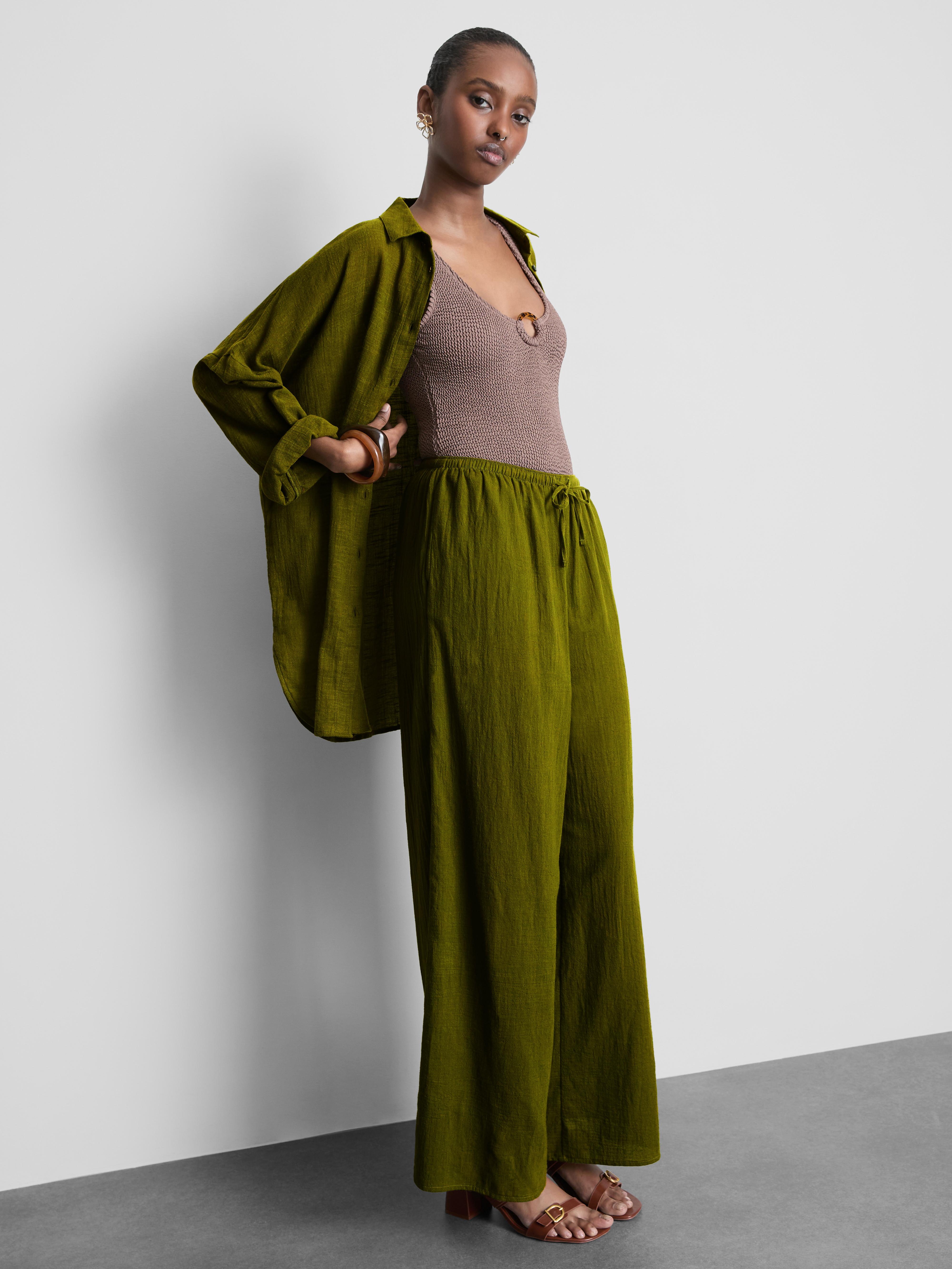 Women's Olive Cotton Wide-Leg Drawstring Beach Pants