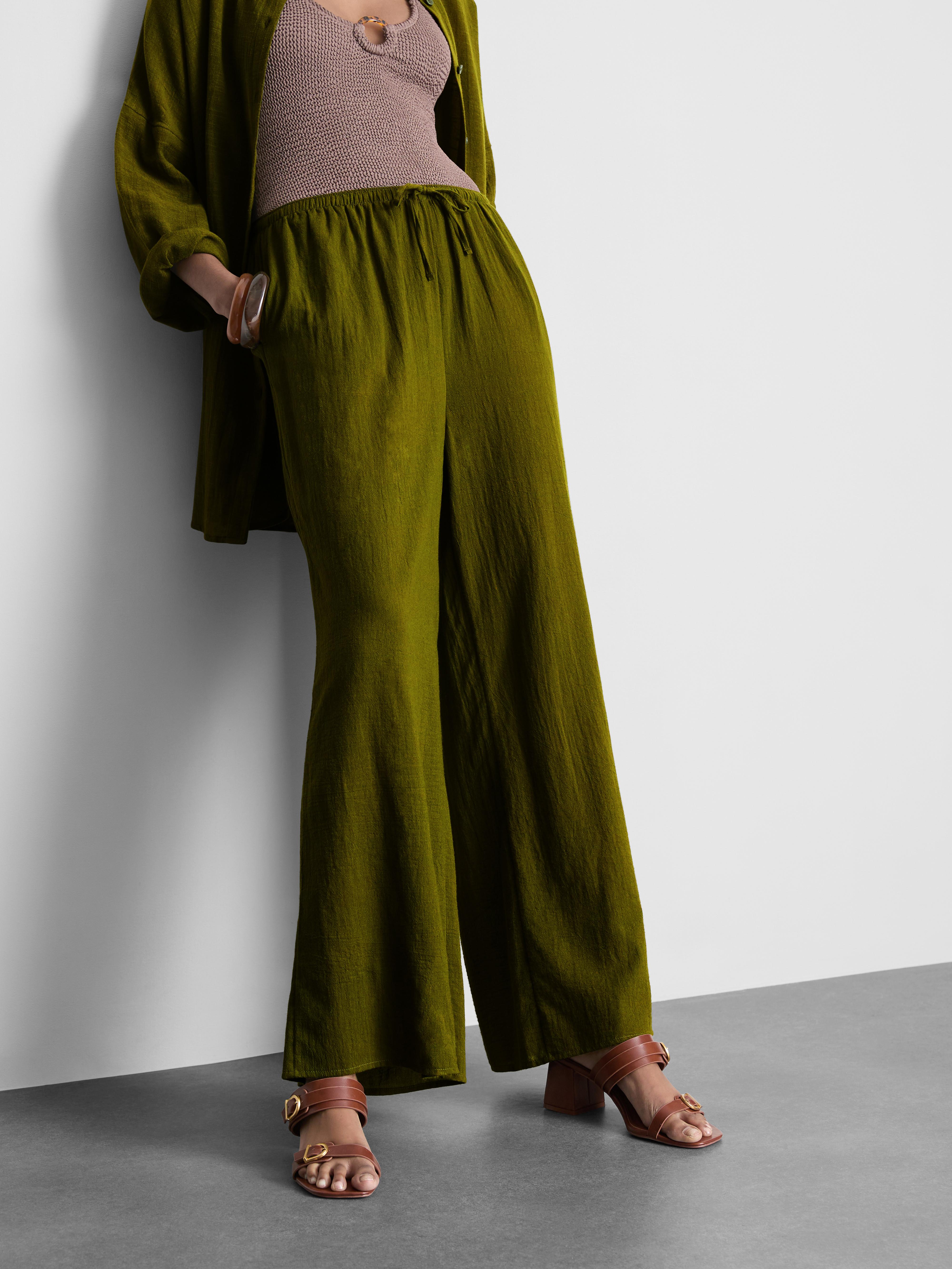Women's Olive Cotton Wide-Leg Drawstring Beach Pants