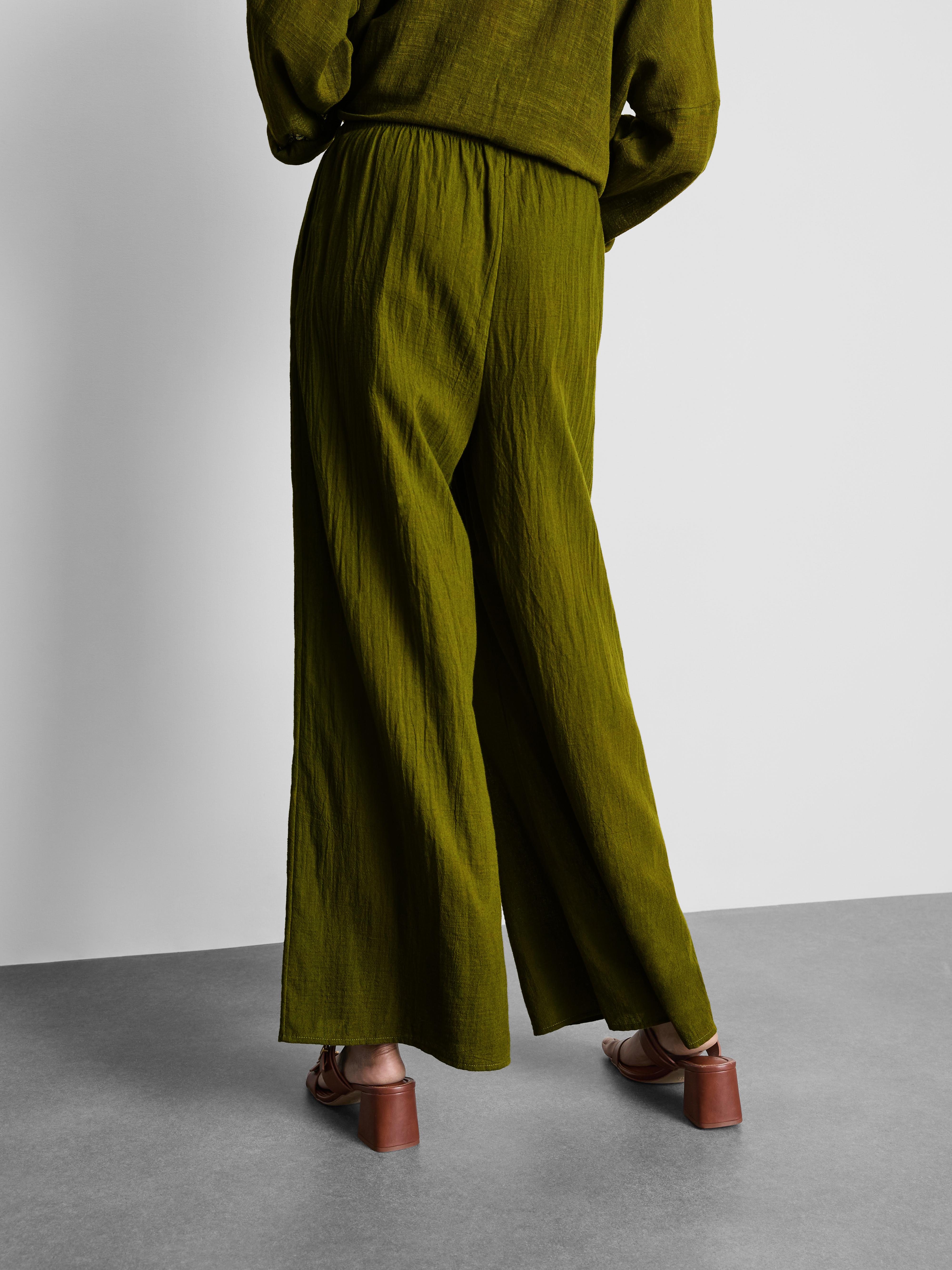 Women's Olive Cotton Wide-Leg Drawstring Beach Pants