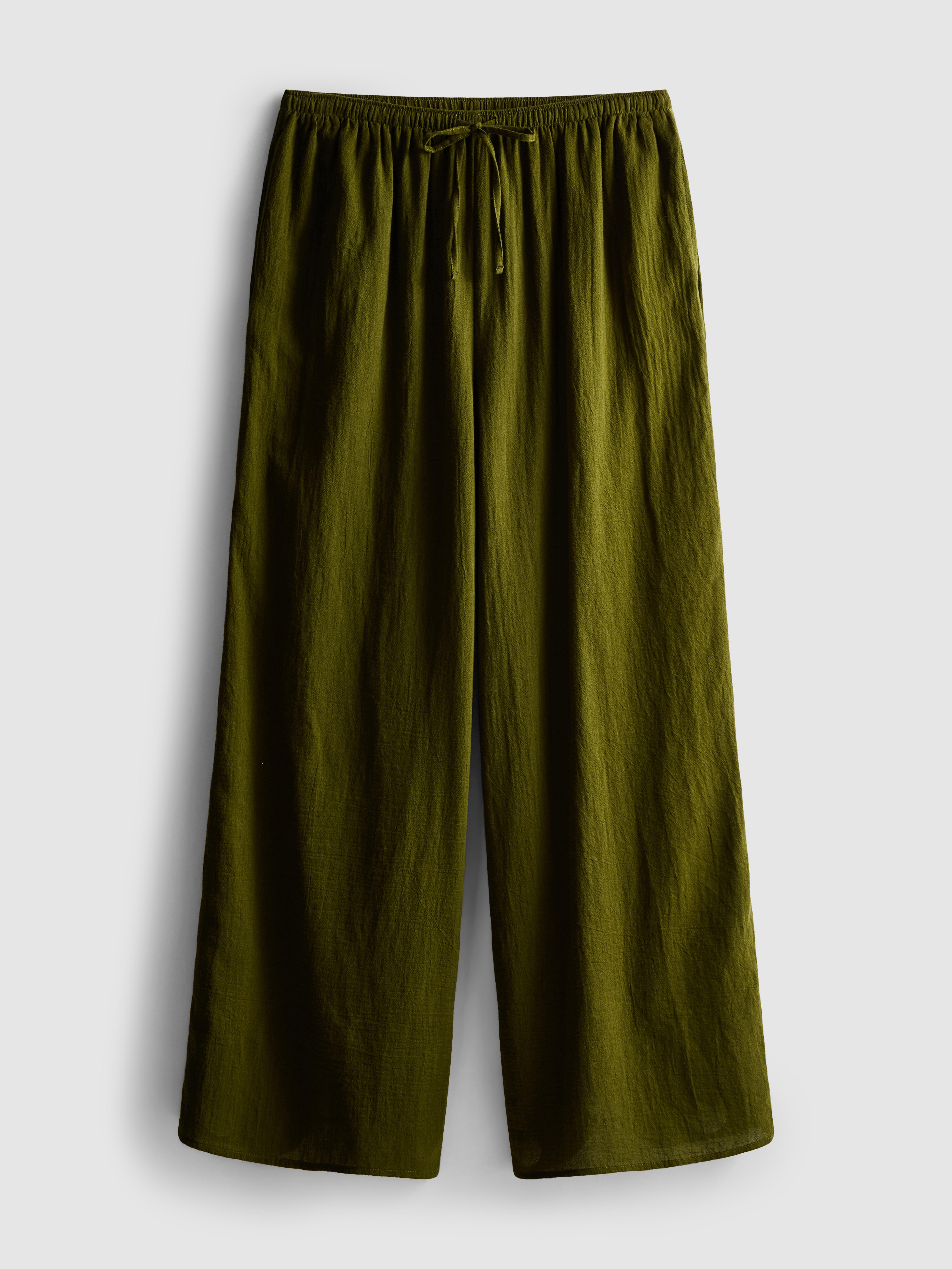 Women's Olive Cotton Wide-Leg Drawstring Beach Pants