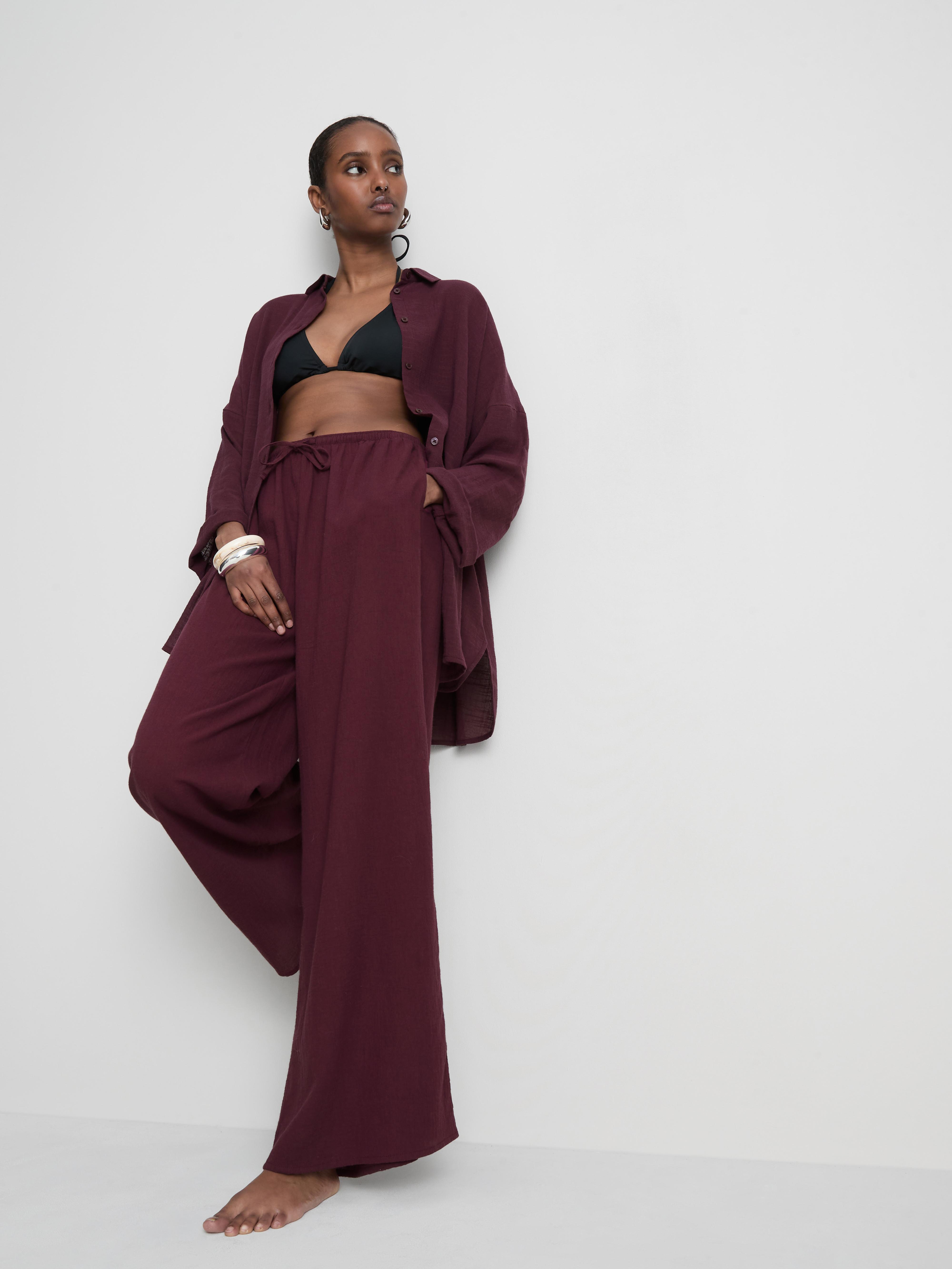 Women's Dark Purple Cotton Wide-Leg Drawstring Beach Pants