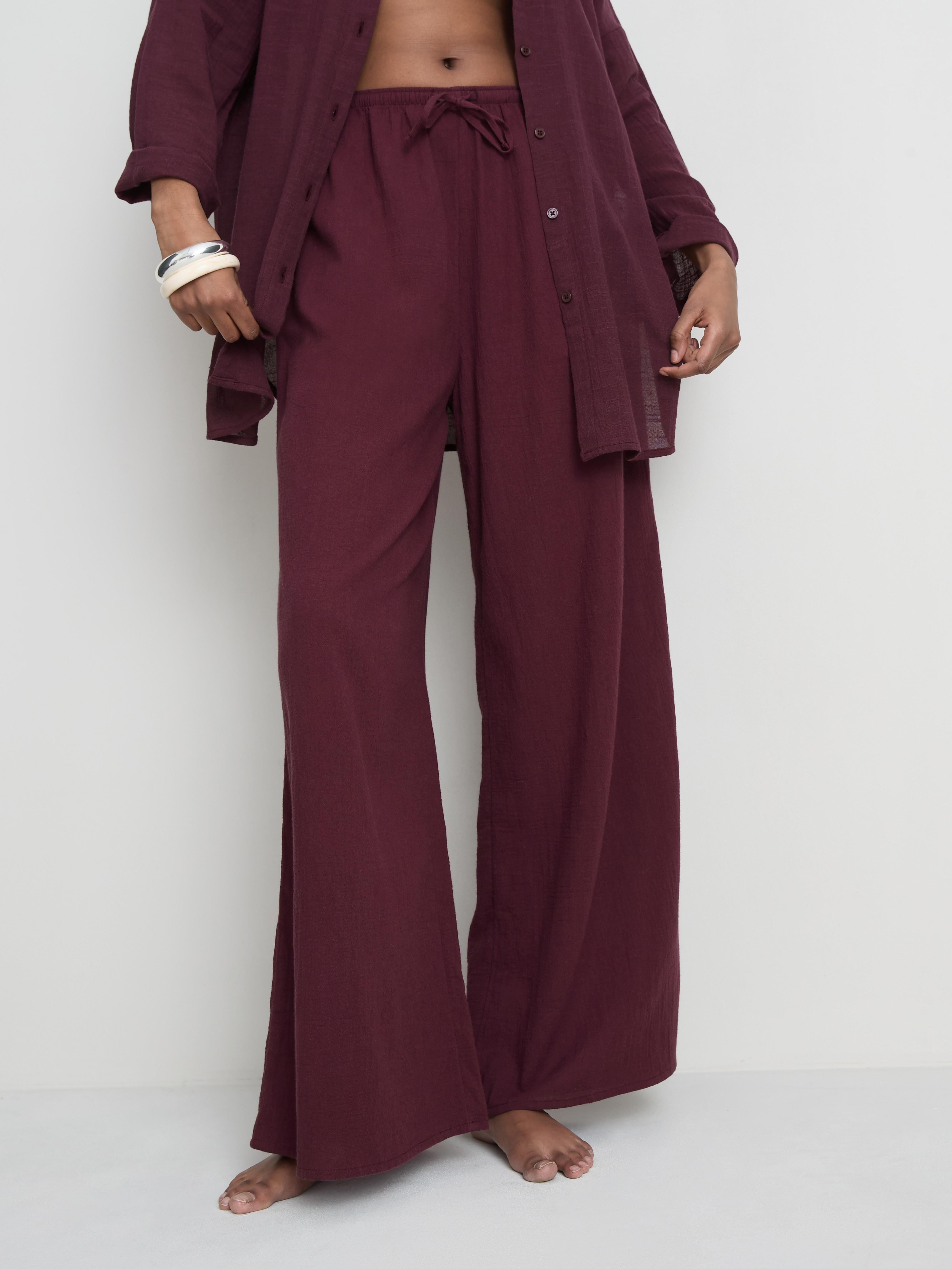 Women's Dark Purple Cotton Wide-Leg Drawstring Beach Pants