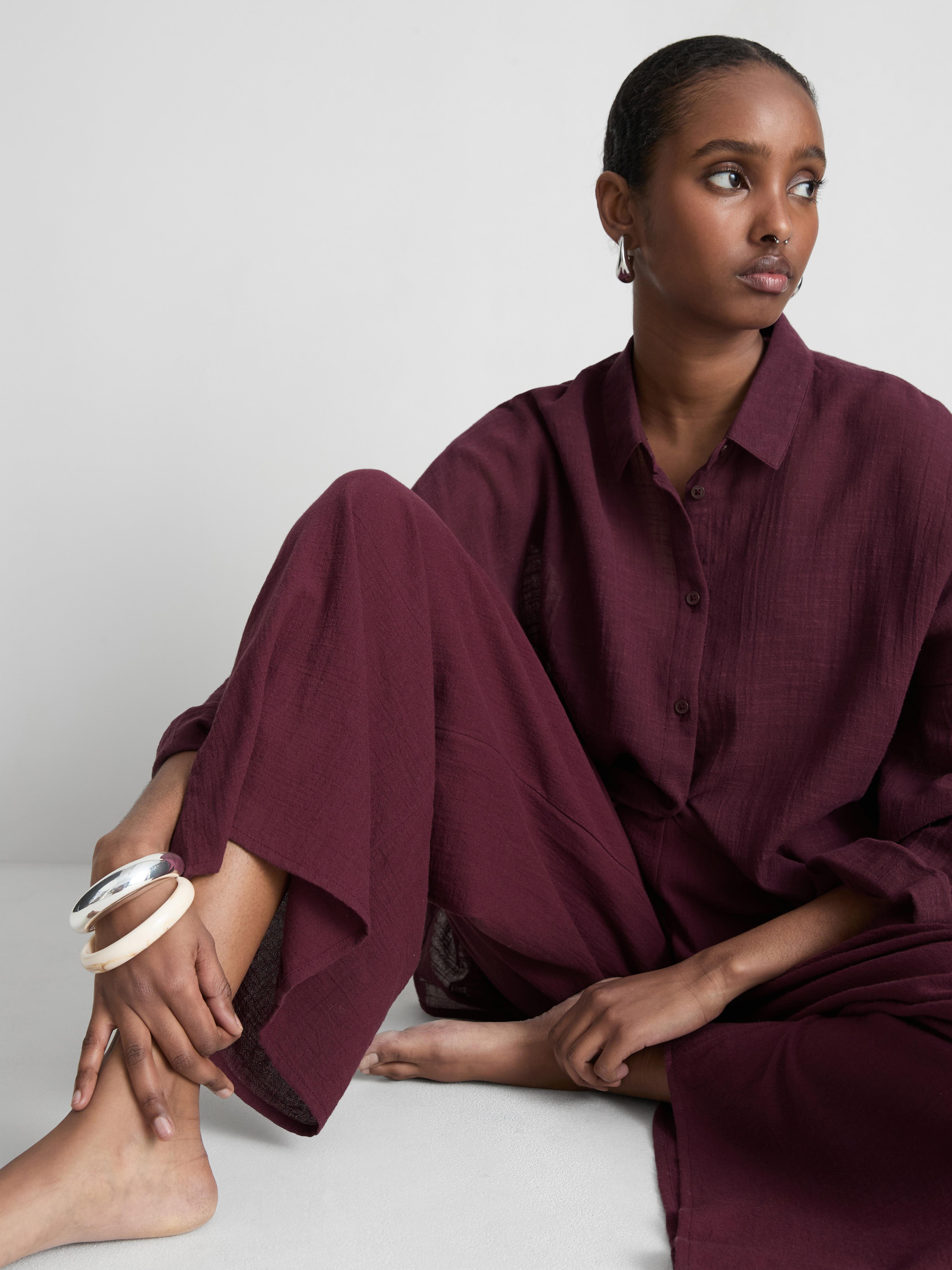 Women's Dark Purple Cotton Wide-Leg Drawstring Beach Pants