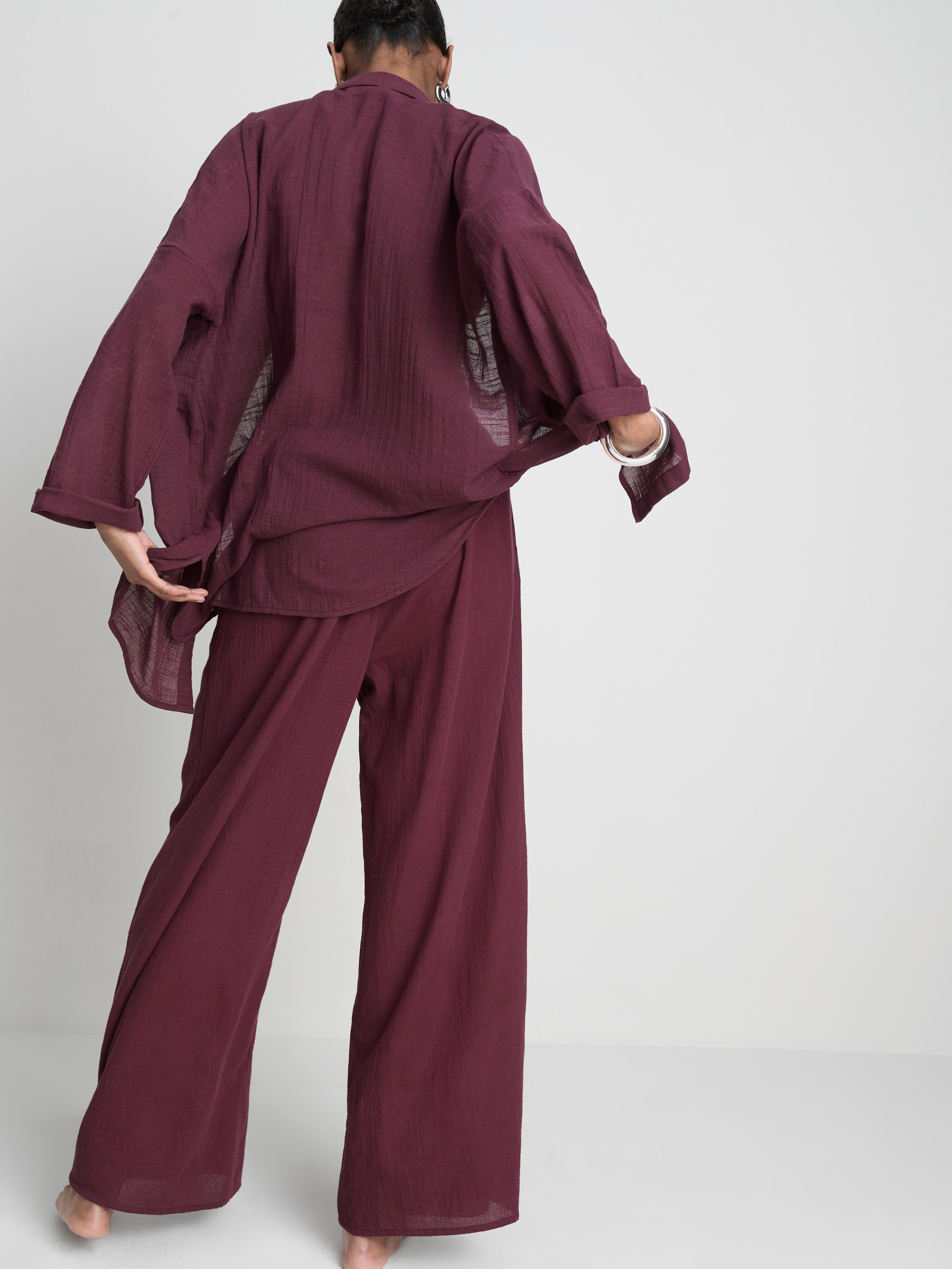 Women's Dark Purple Cotton Wide-Leg Drawstring Beach Pants