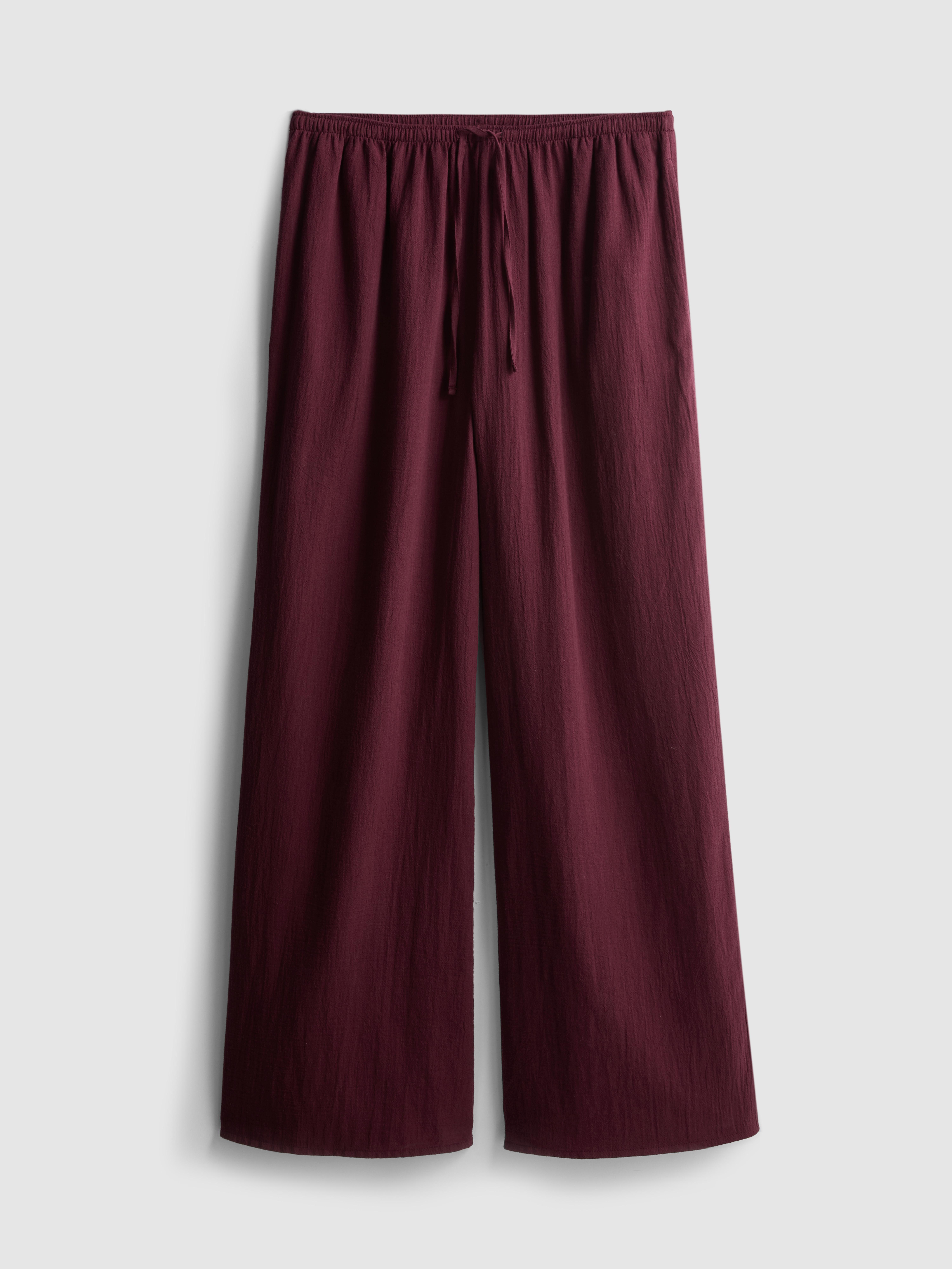 Women's Dark Purple Cotton Wide-Leg Drawstring Beach Pants