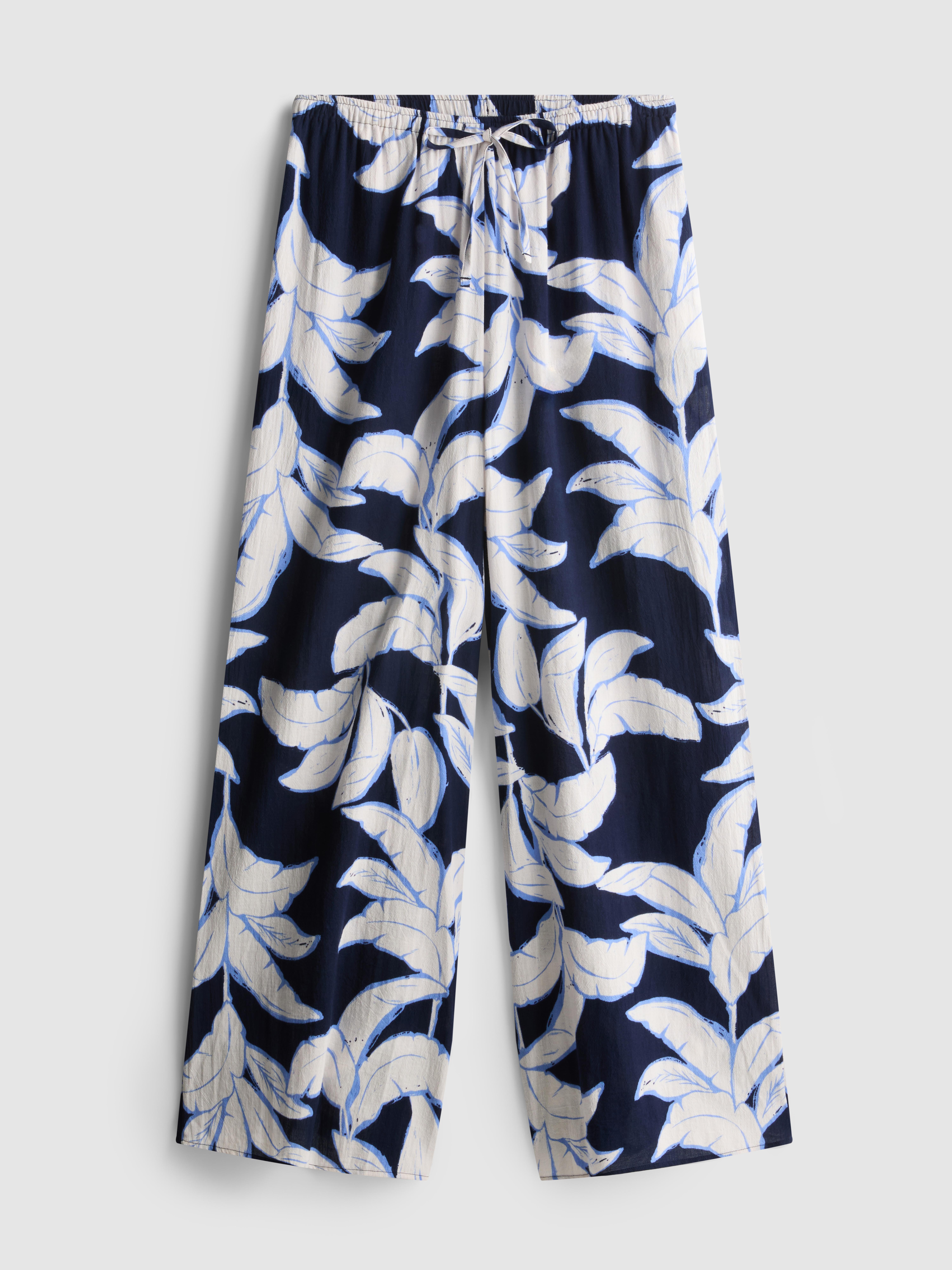 Women's Navy Printed Wide-Leg Beach Pants
