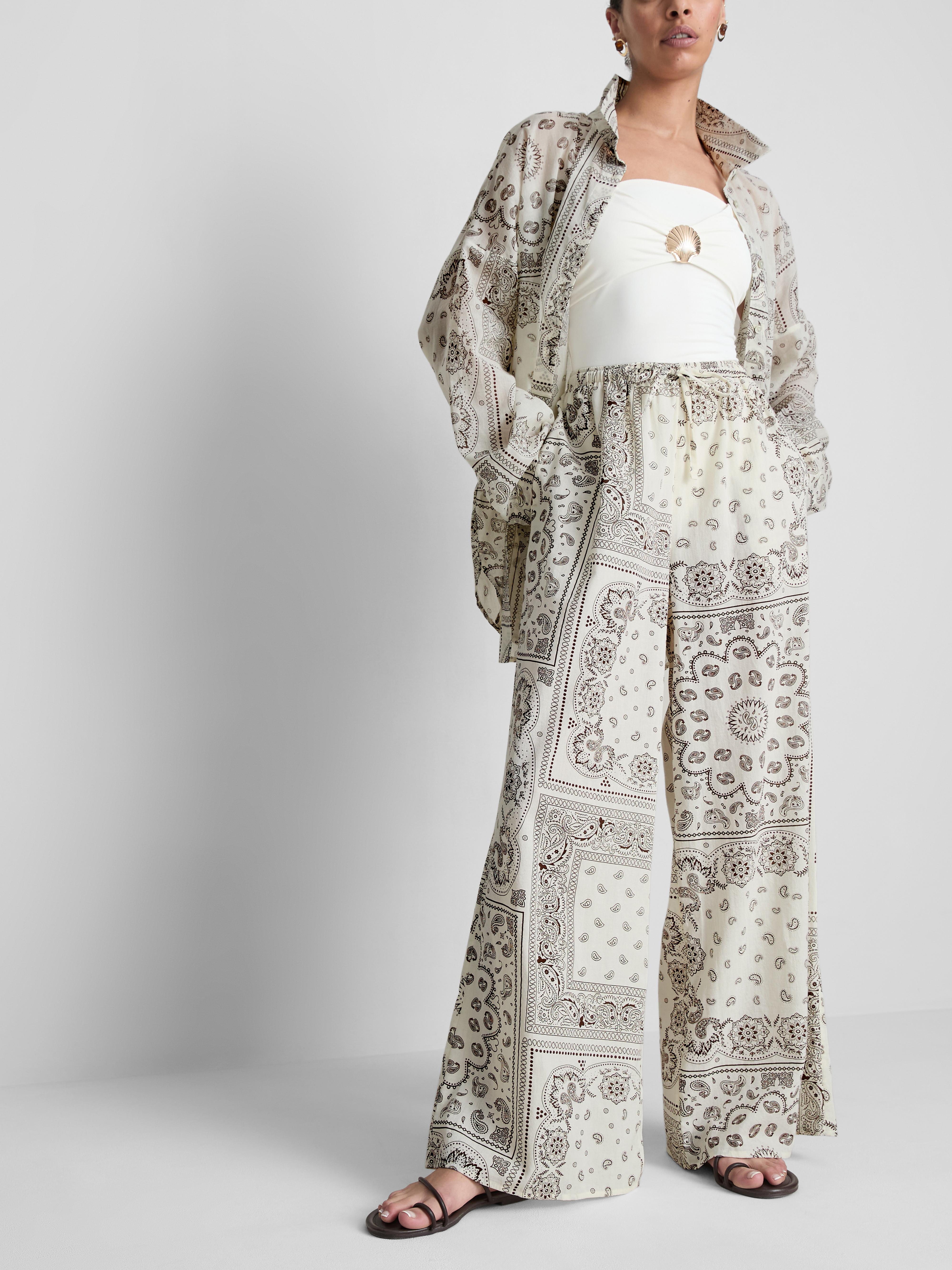 Women's Dark Brown Printed Wide-Leg Beach Pants