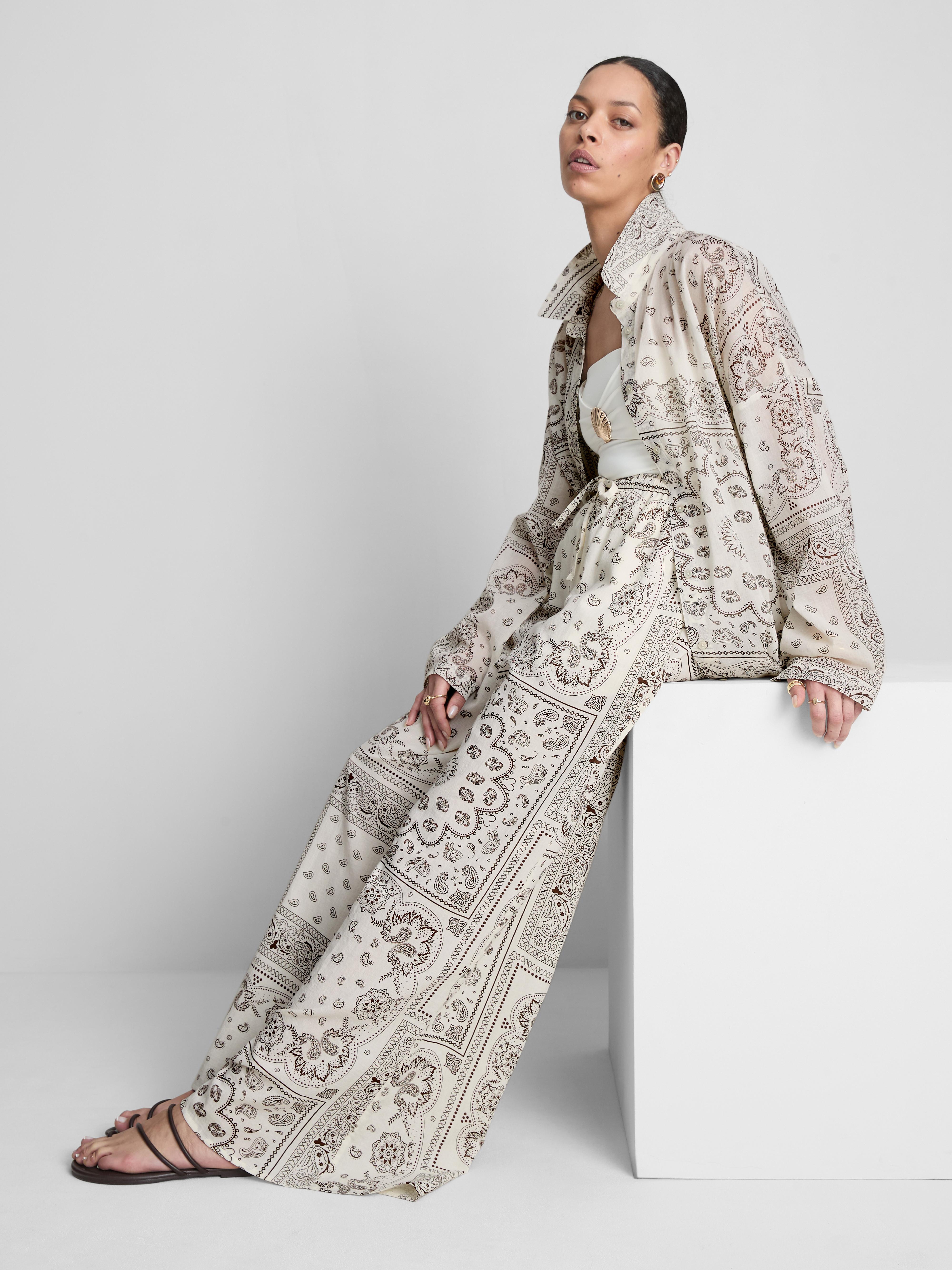 Women's Dark Brown Printed Wide-Leg Beach Pants