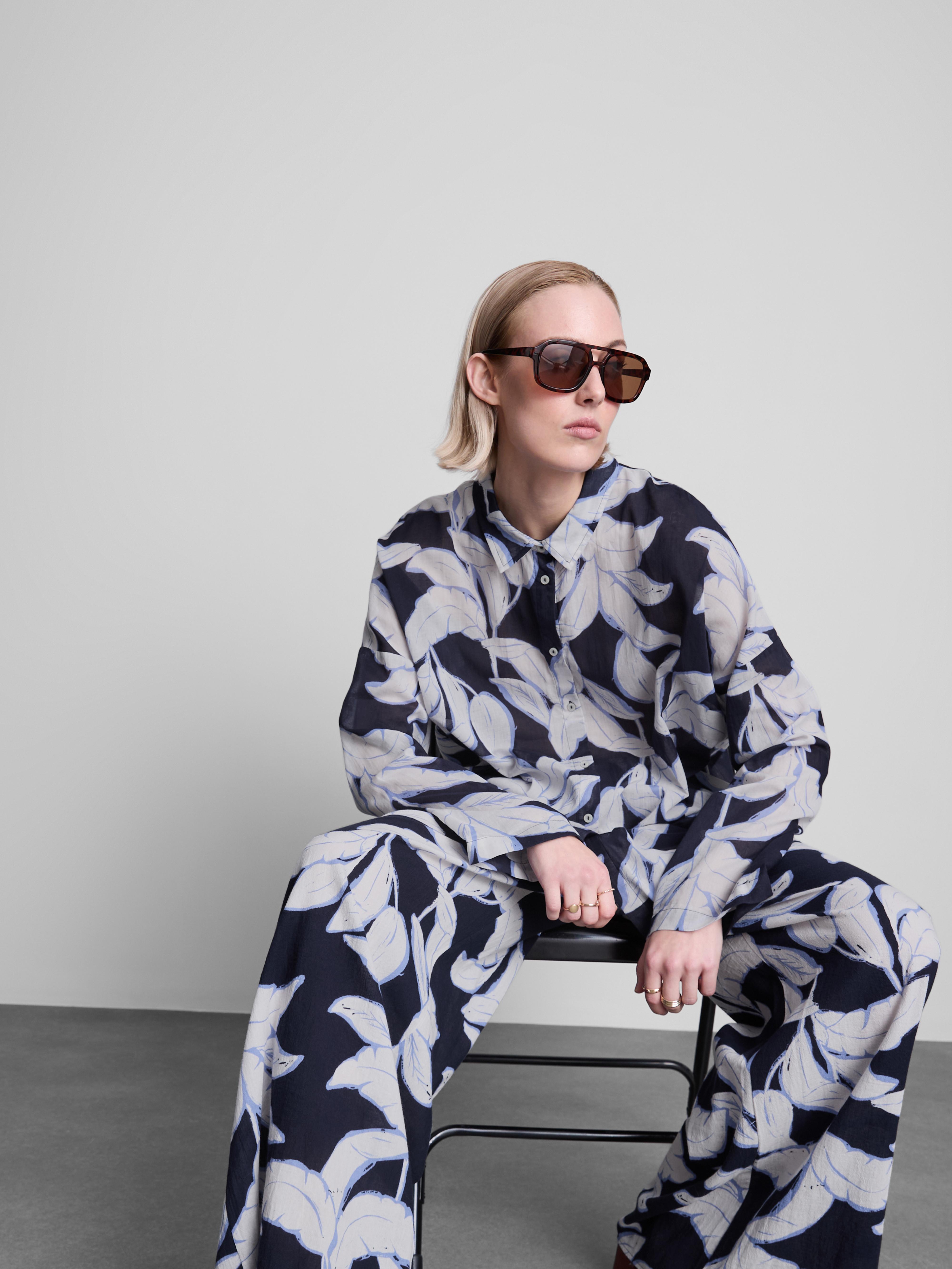 Women's Navy Printed Cotton Beach Button-Down Shirt