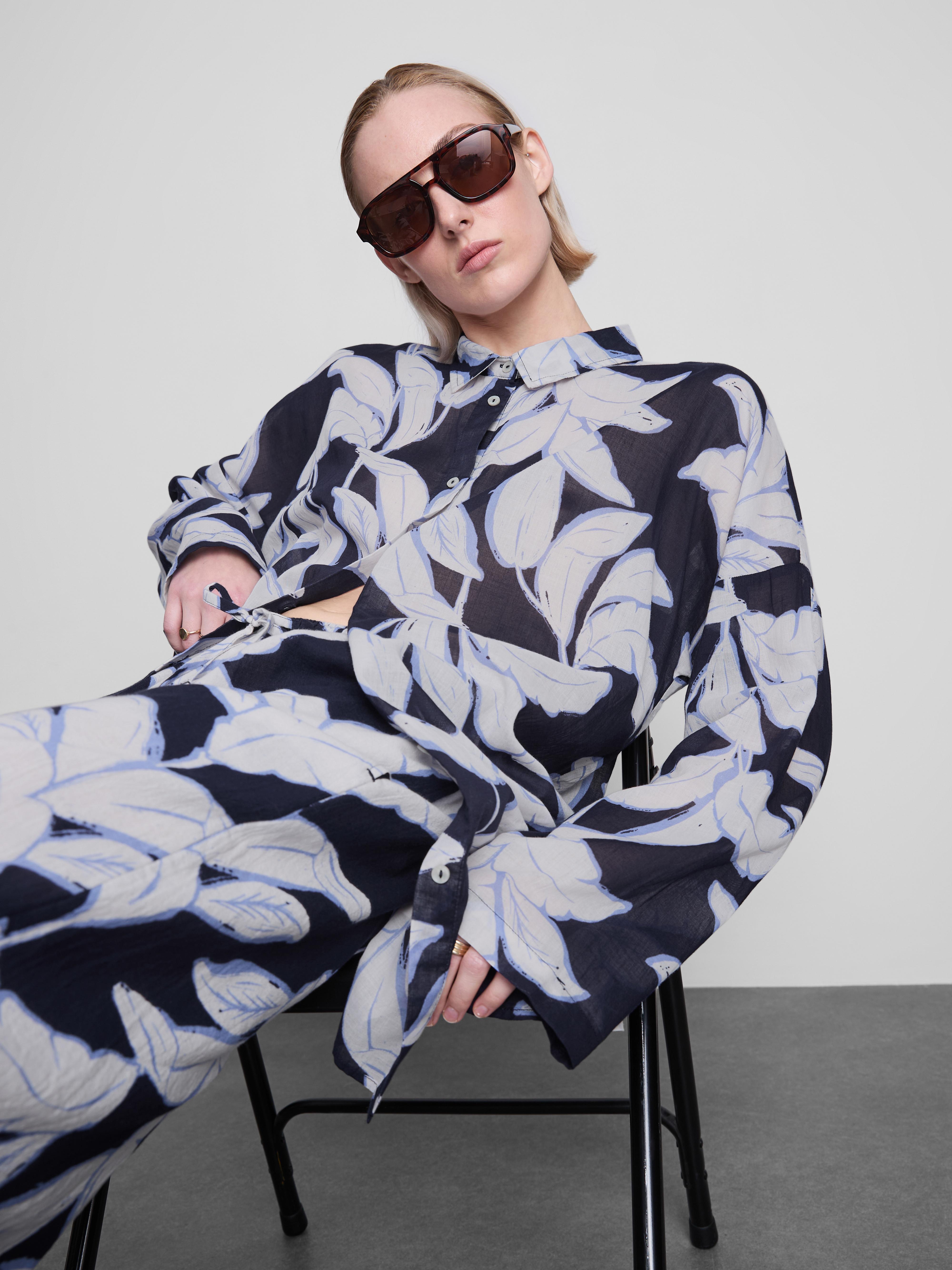 Women's Navy Printed Cotton Beach Button-Down Shirt