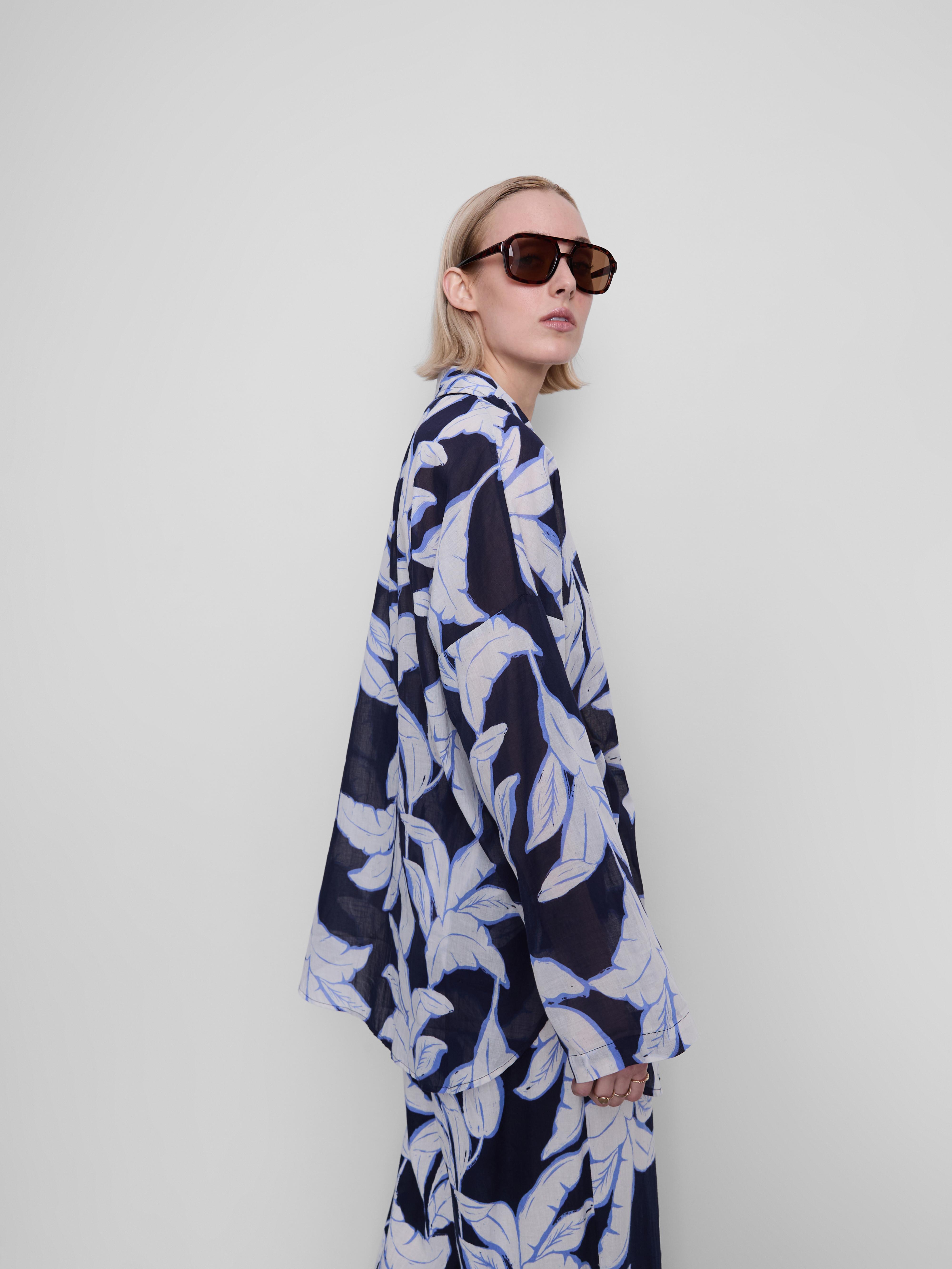 Women's Navy Printed Cotton Beach Button-Down Shirt