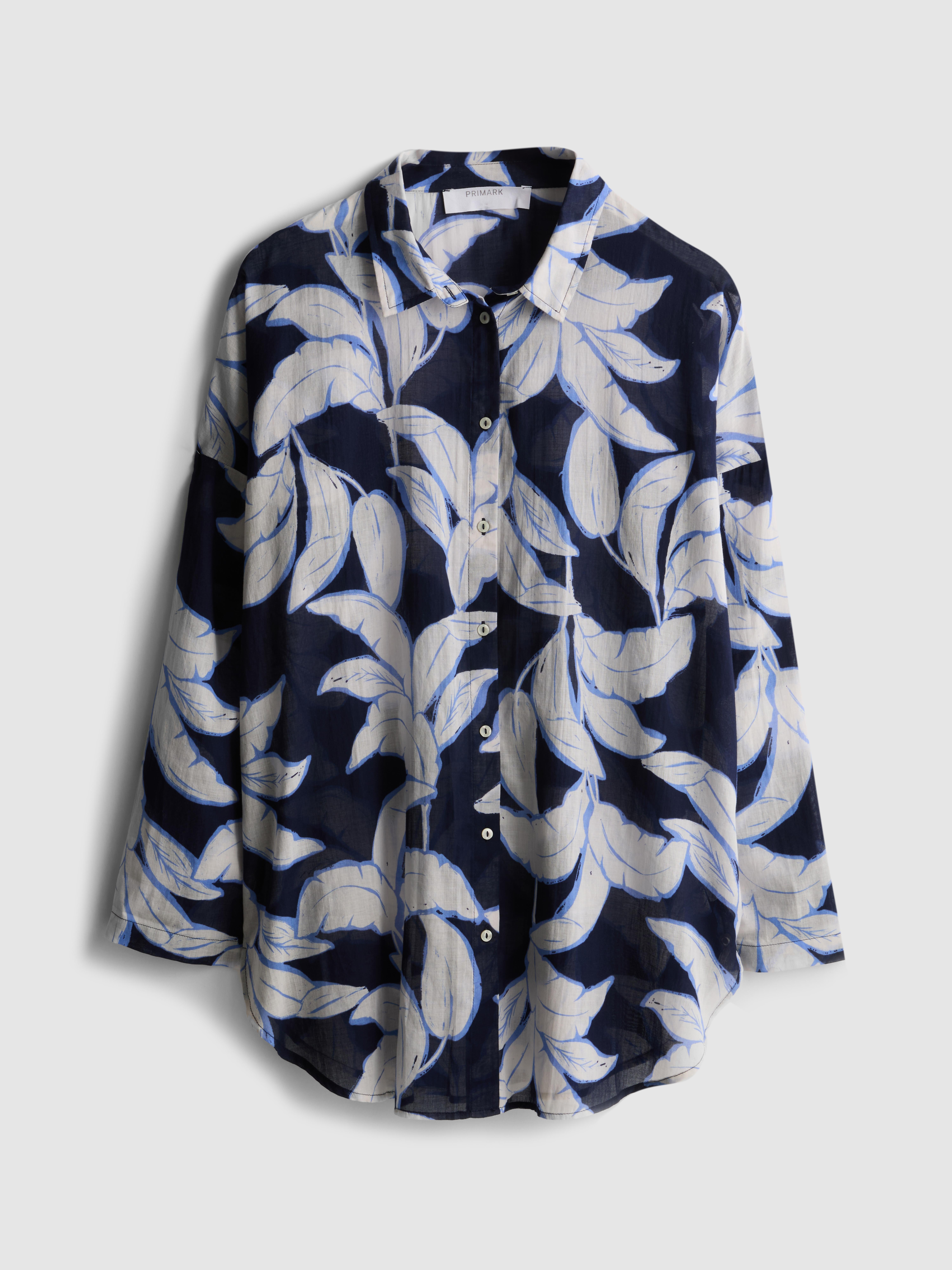 Women's Navy Printed Cotton Beach Button-Down Shirt