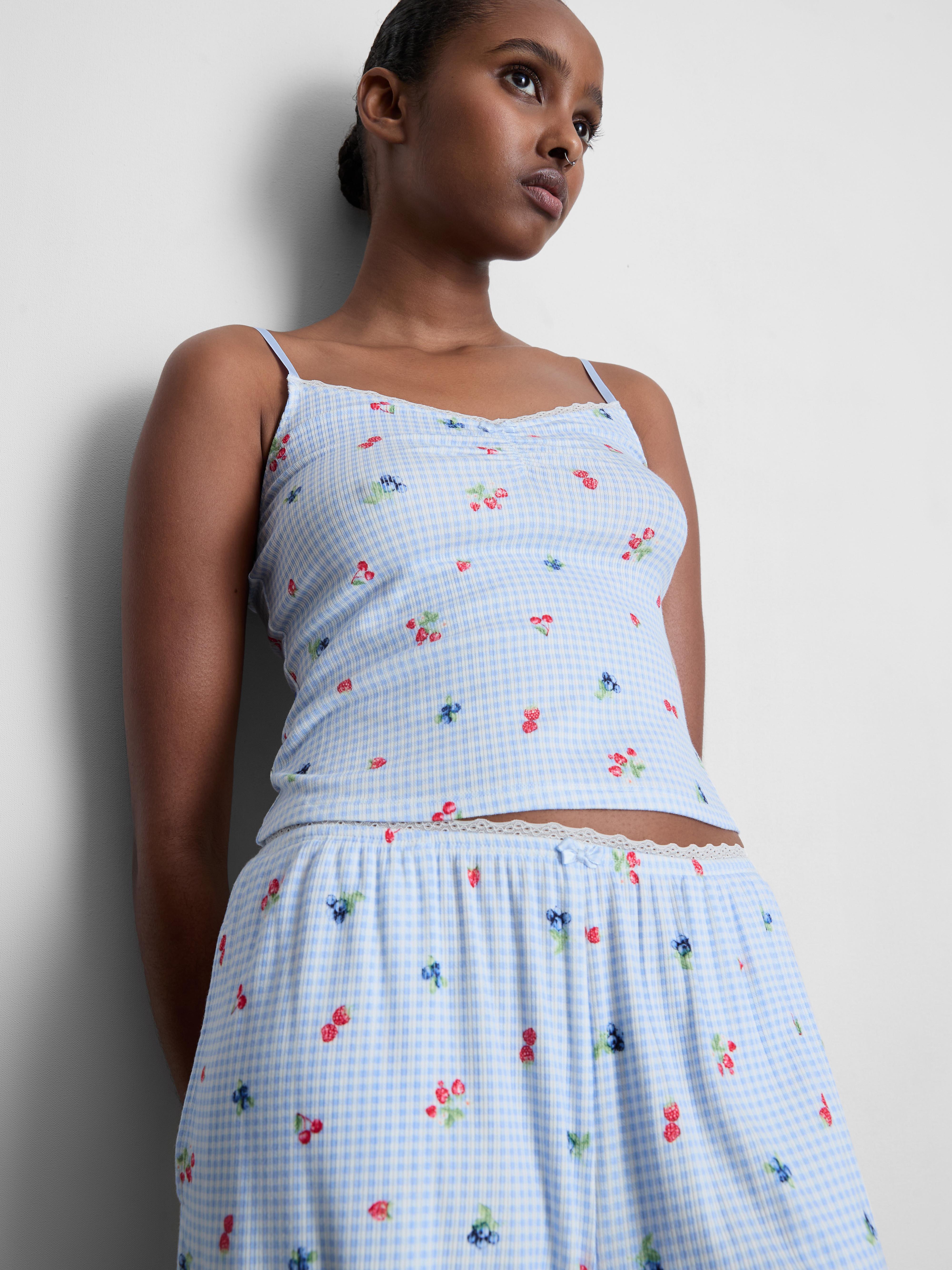 Women's Light Blue Gingham Berry Ruched Cami Pajama Top