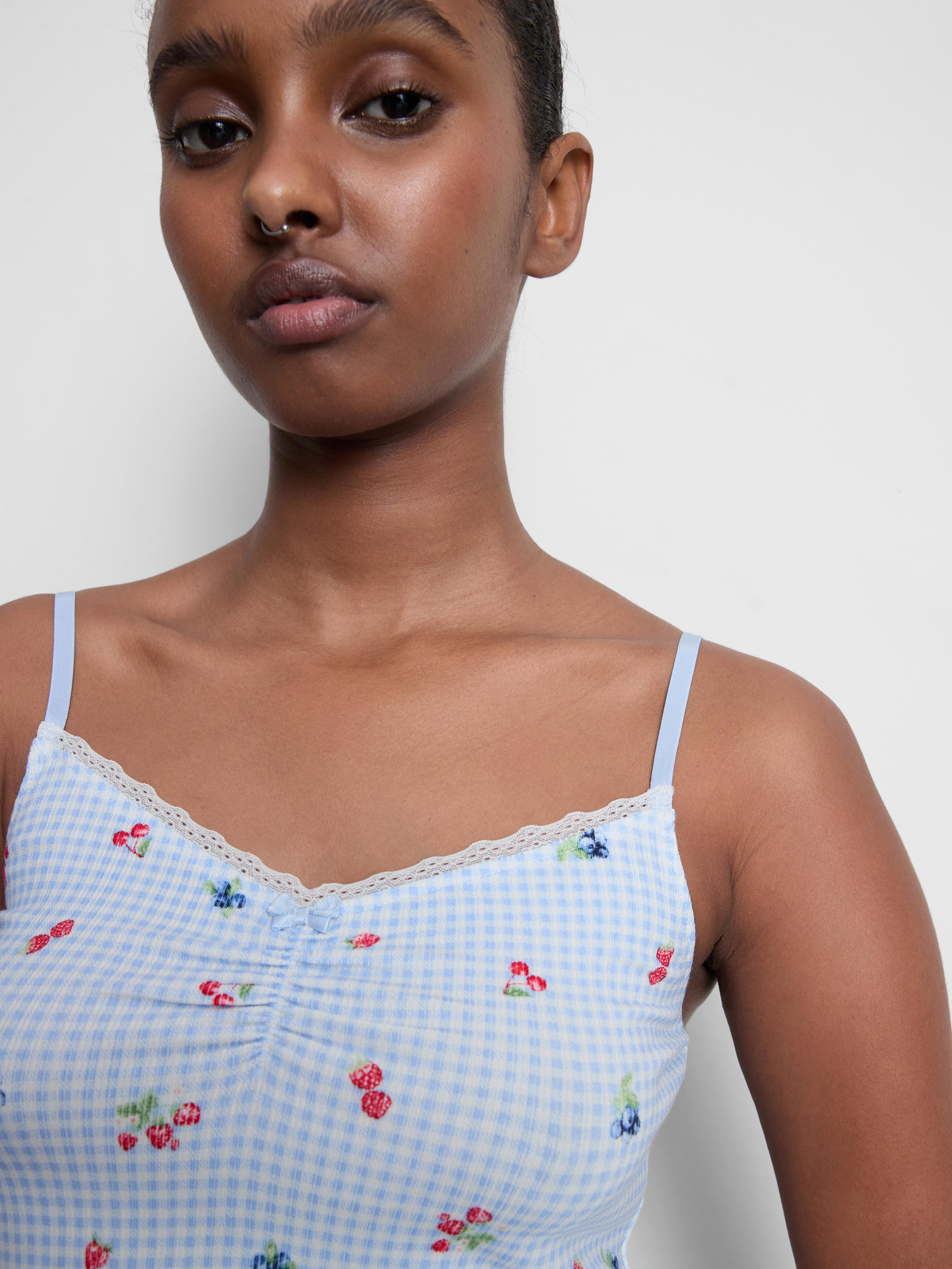 Women's Light Blue Gingham Berry Ruched Cami Pajama Top