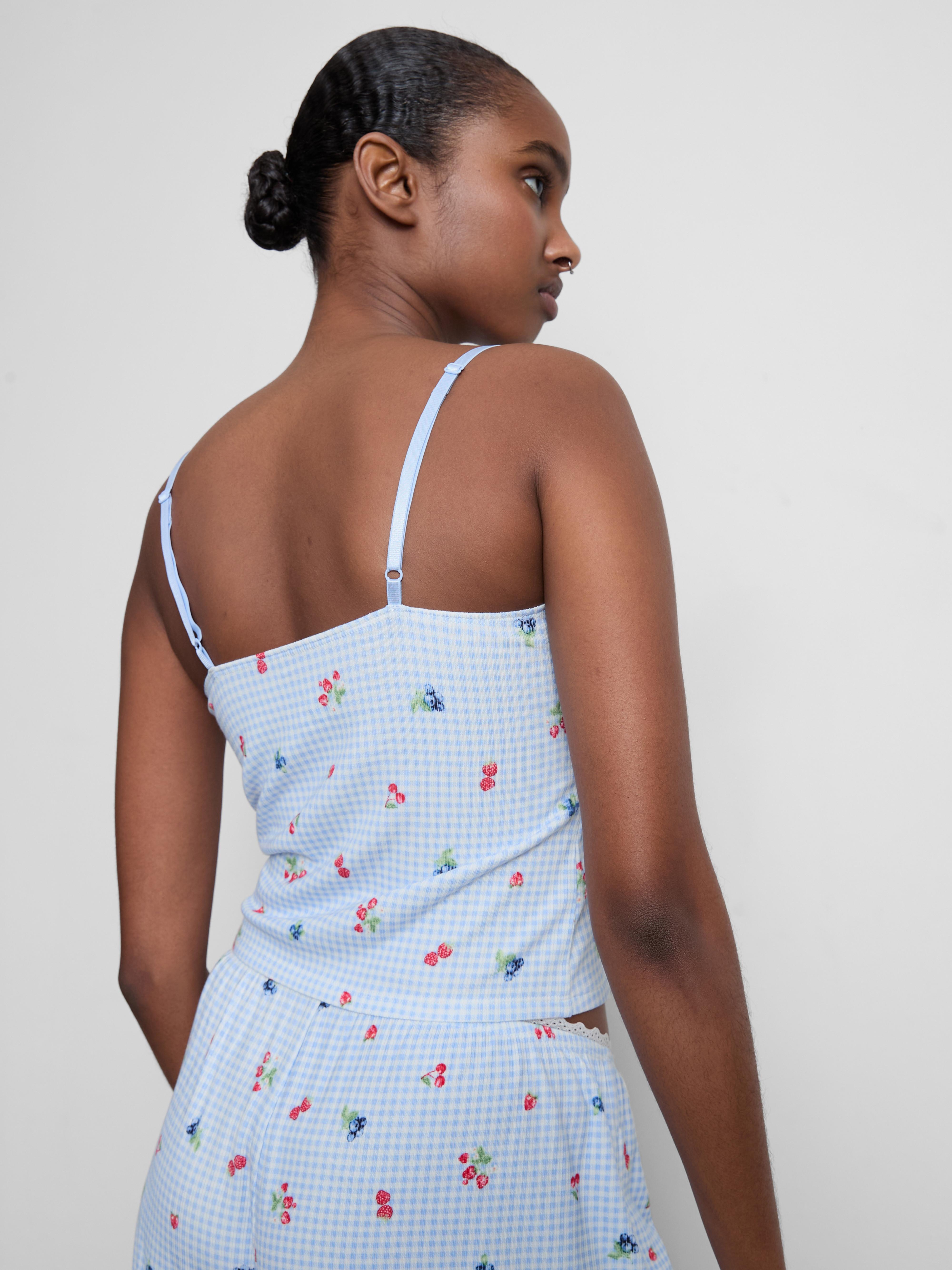 Women's Light Blue Gingham Berry Ruched Cami Pajama Top