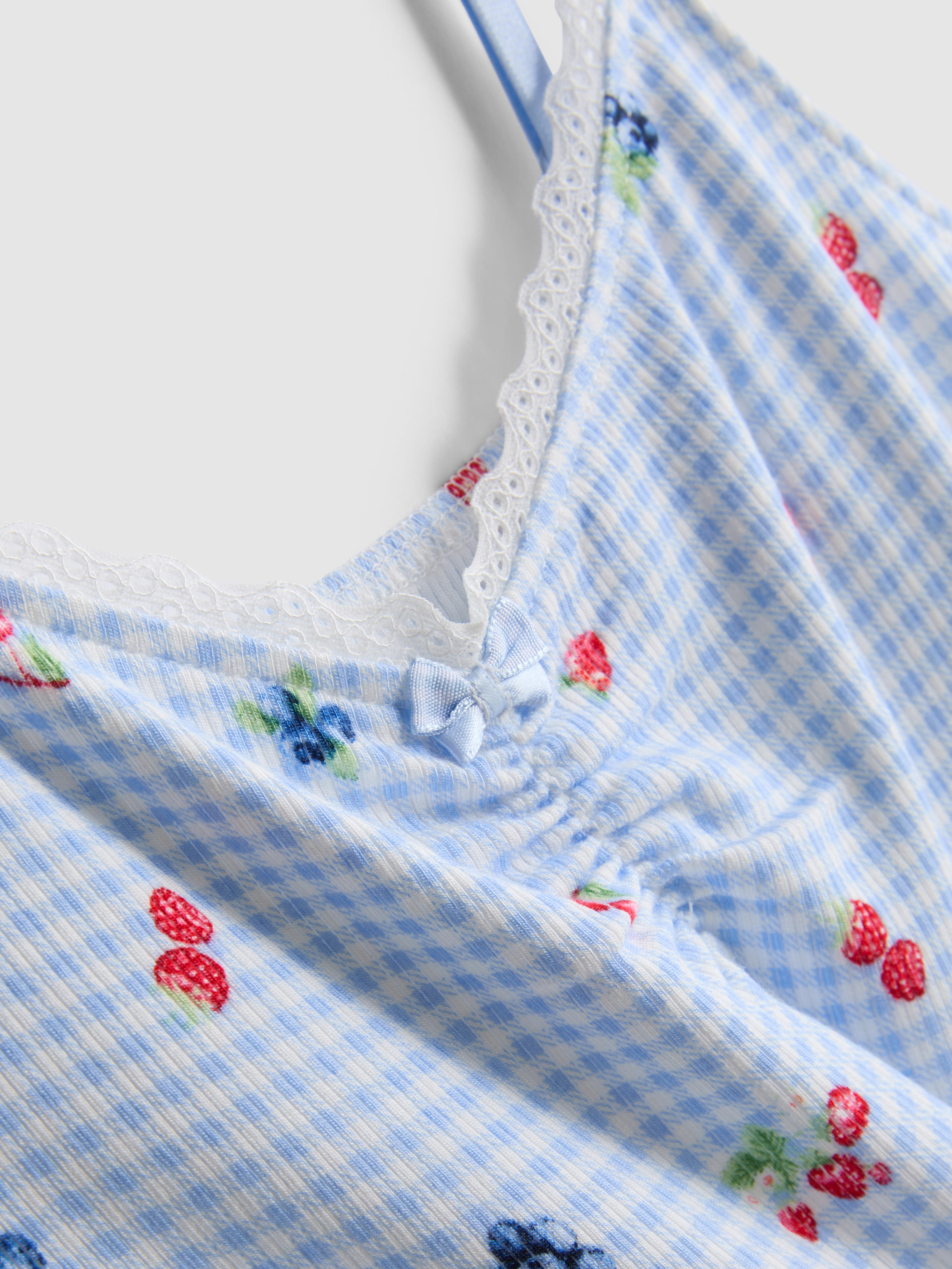 Women's Light Blue Gingham Berry Ruched Cami Pajama Top