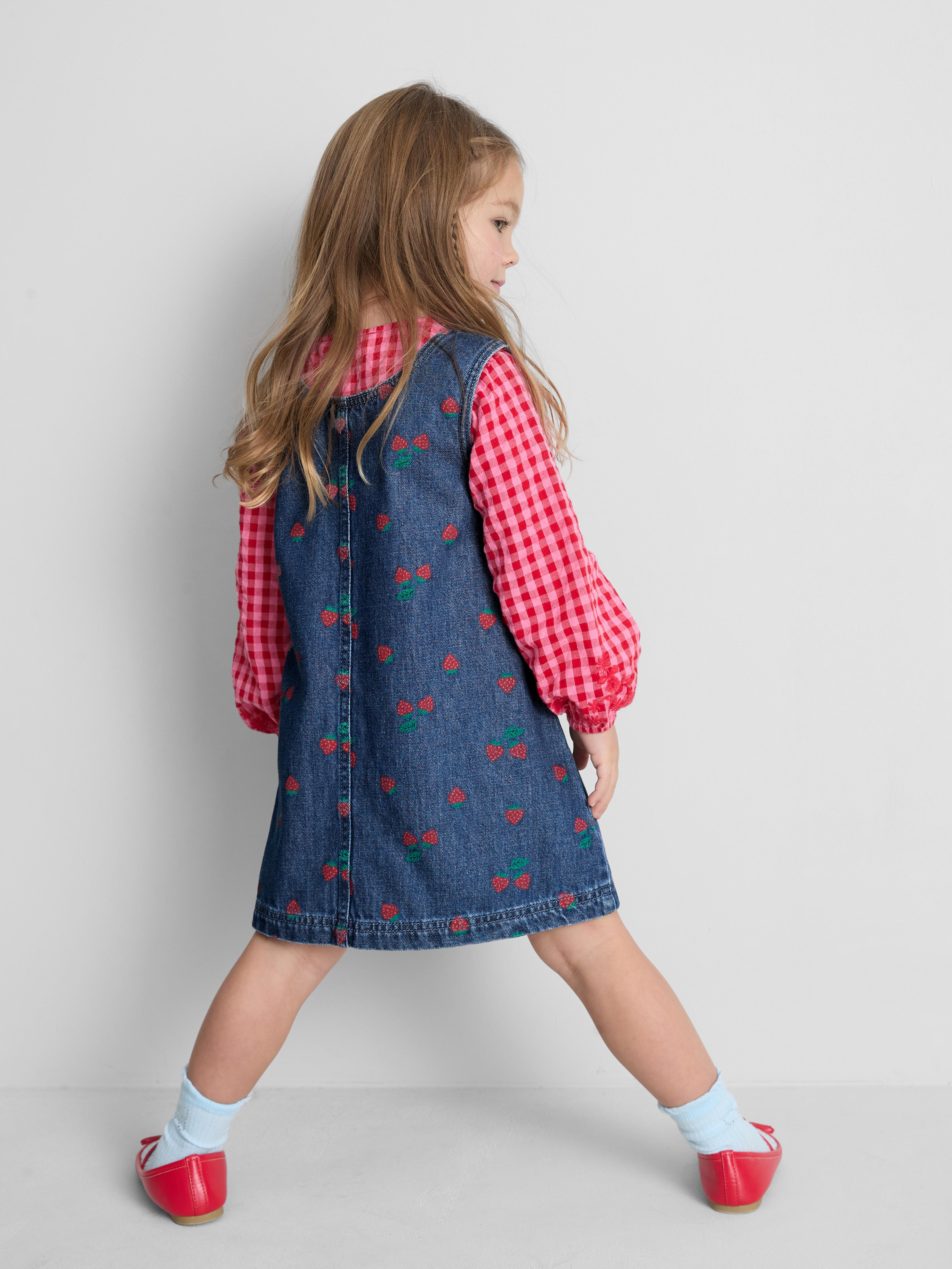 Girls Blue 1.5-8yrs | Strawberry Printed Denim Jumper Dress