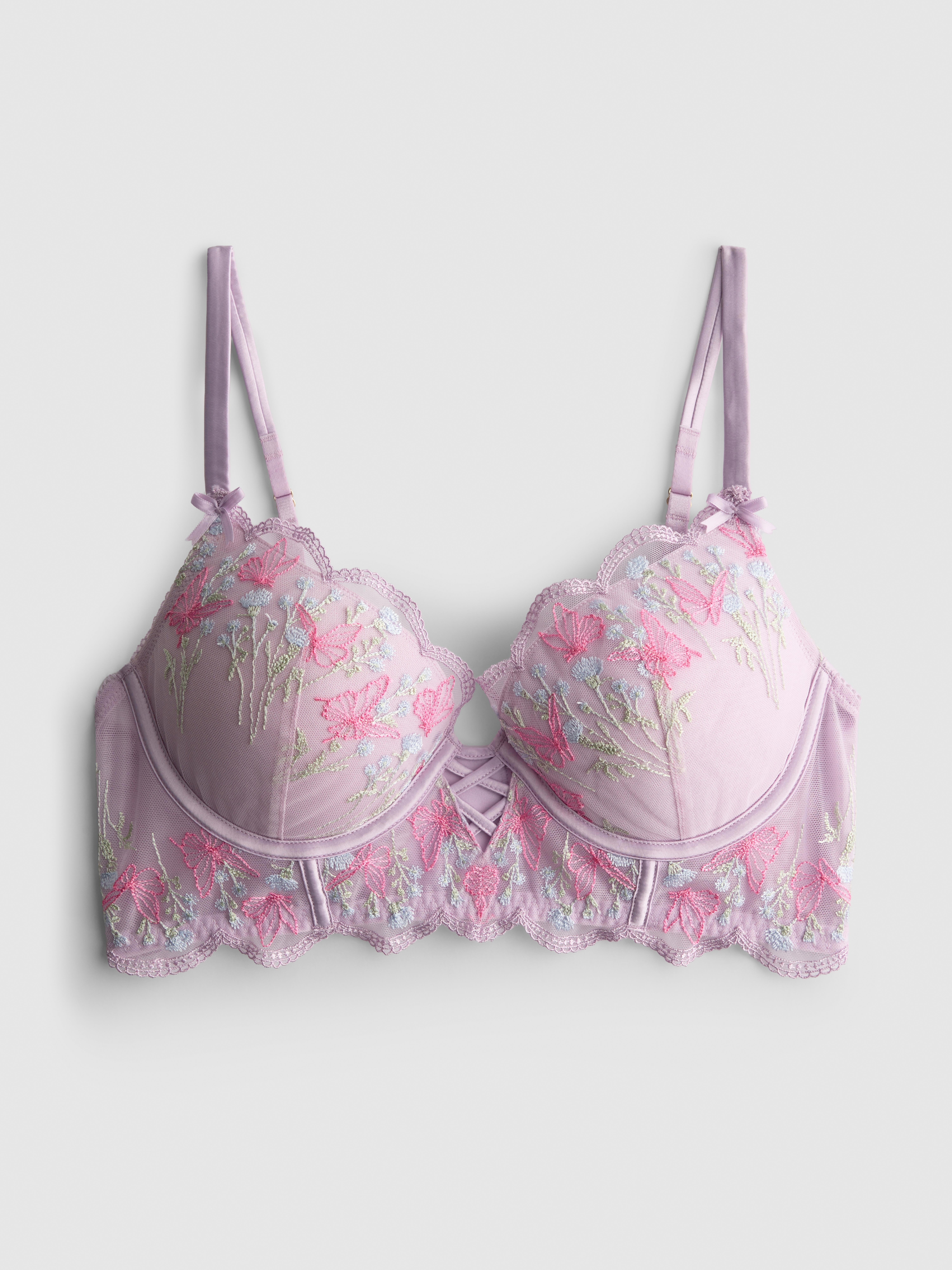 Sujetador push-up largo con mariposas, copas A-E Lavanda