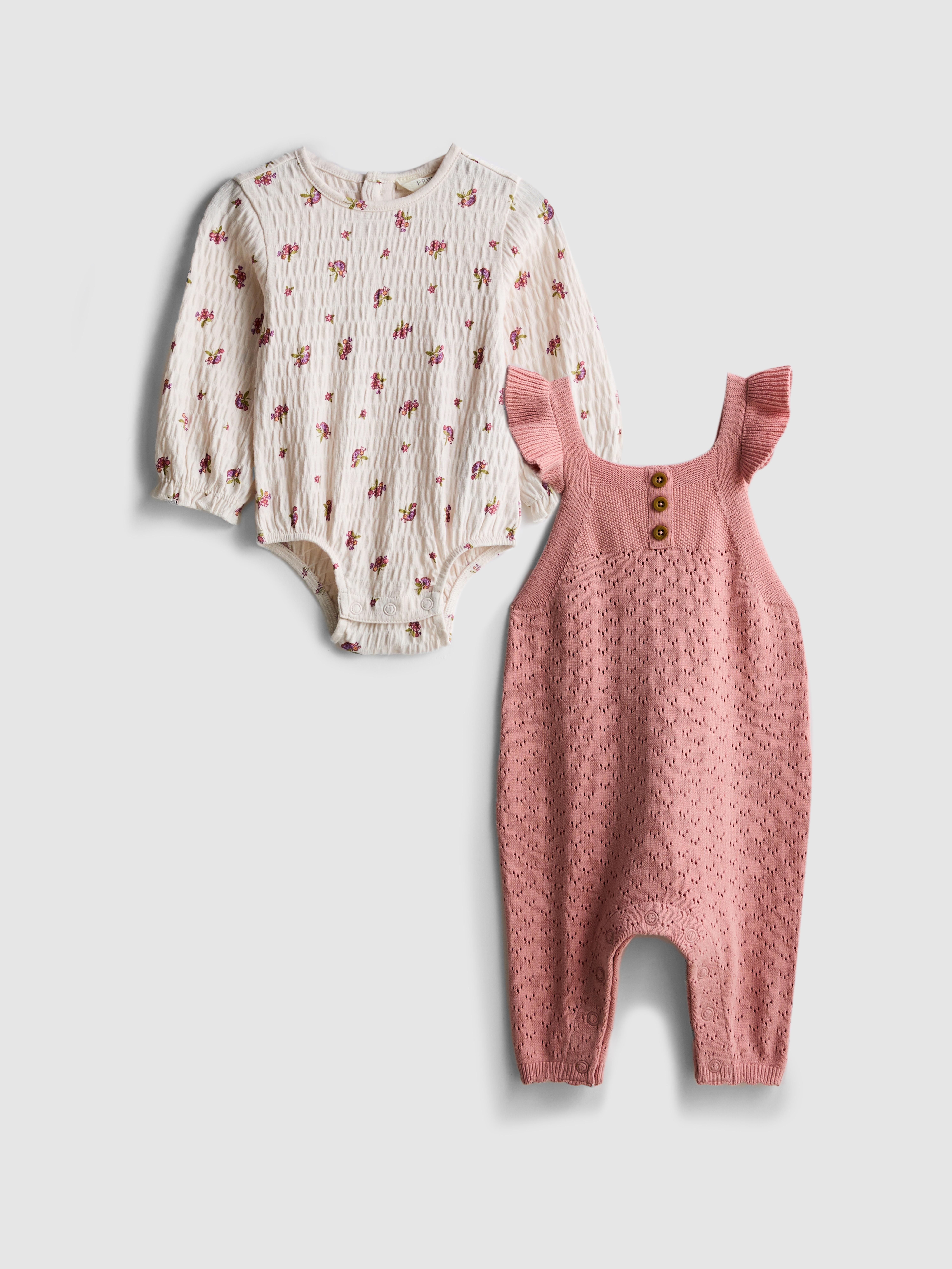 Baby Girls Pink 0-18mths | Long-Sleeve Onesie and Knit Overalls Newborn Set