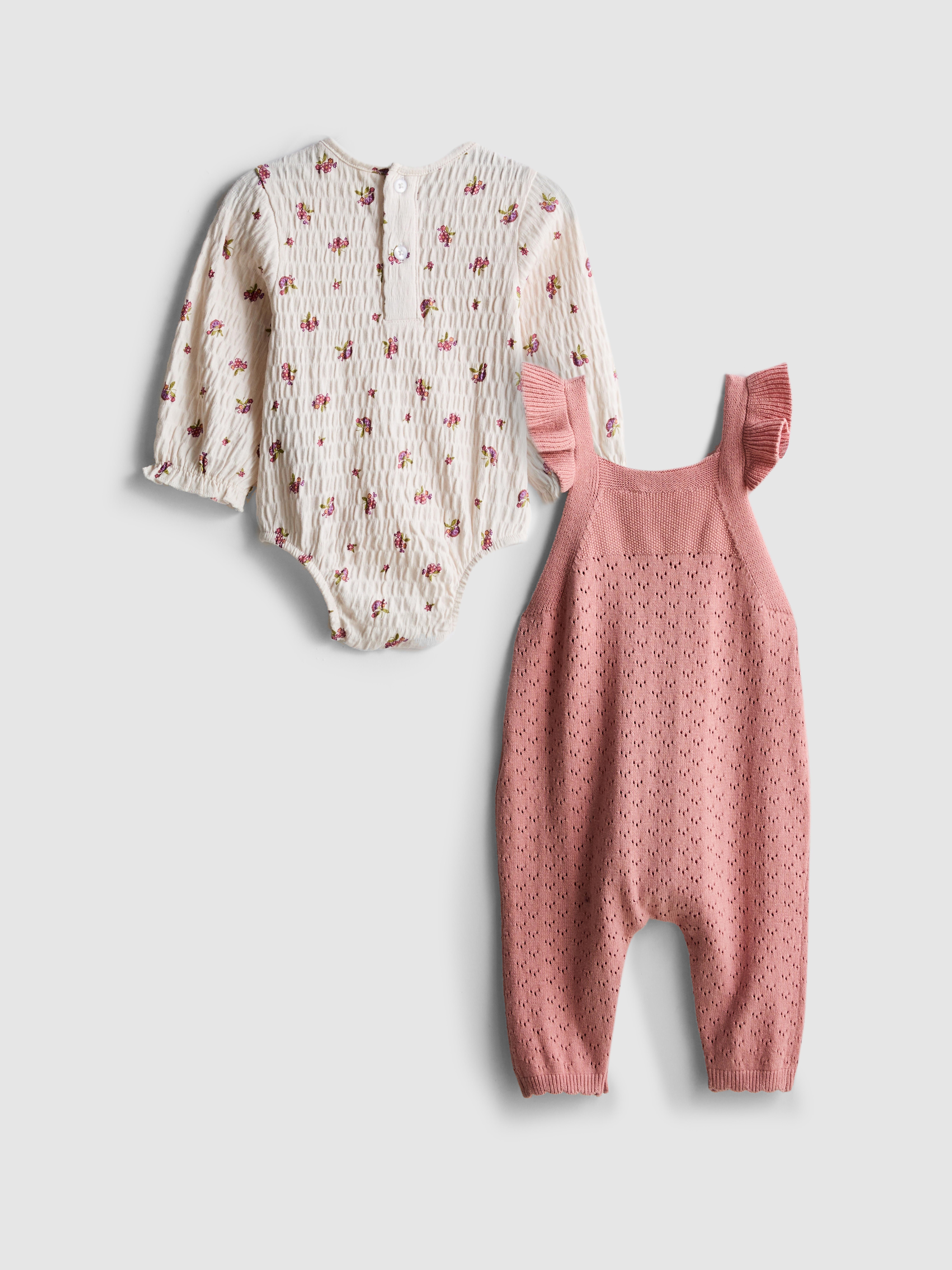 Baby Girls Pink 0-18mths | Long-Sleeve Onesie and Knit Overalls Newborn Set