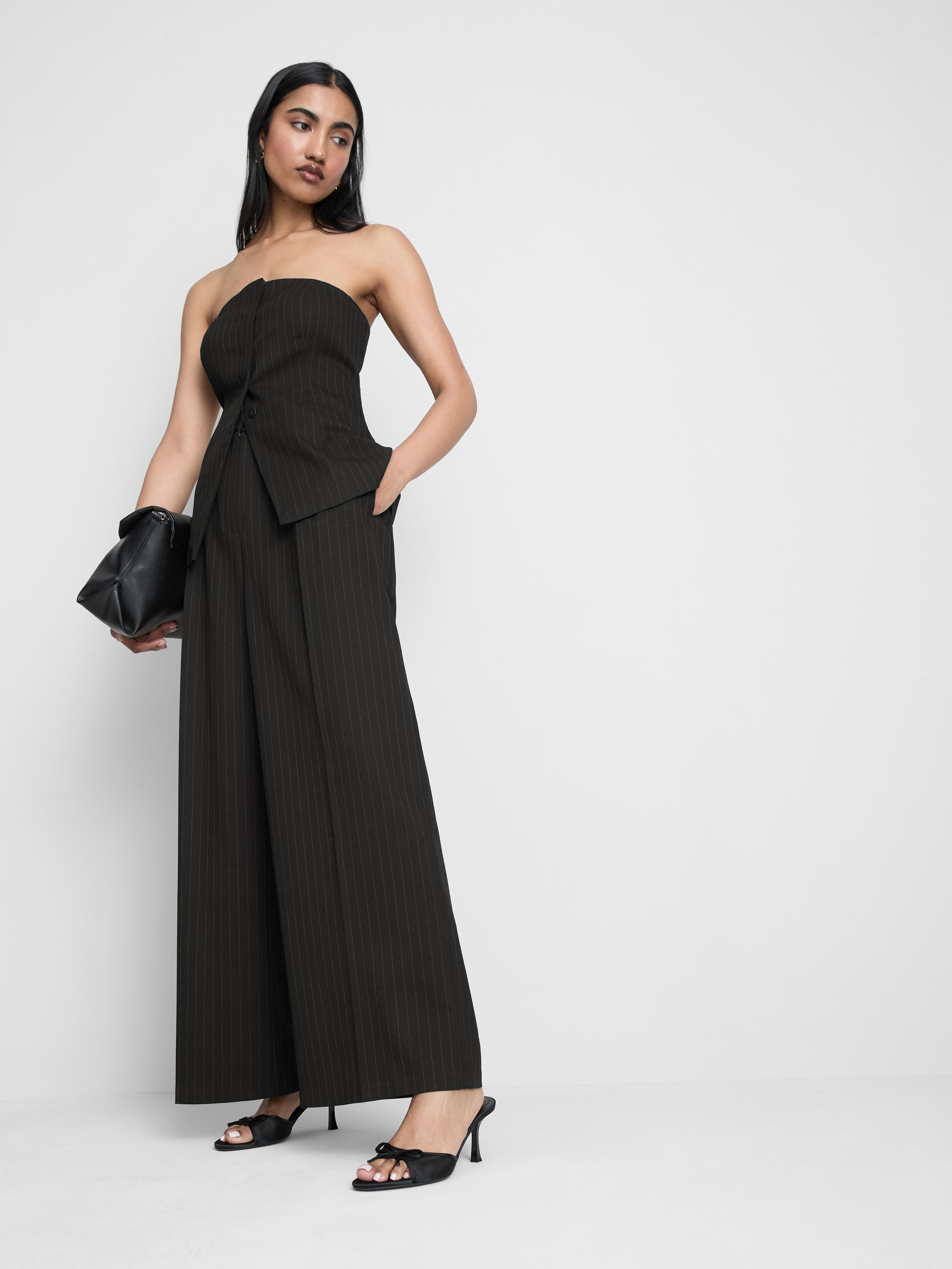 Wide Leg Pleated Pinstripe Trousers