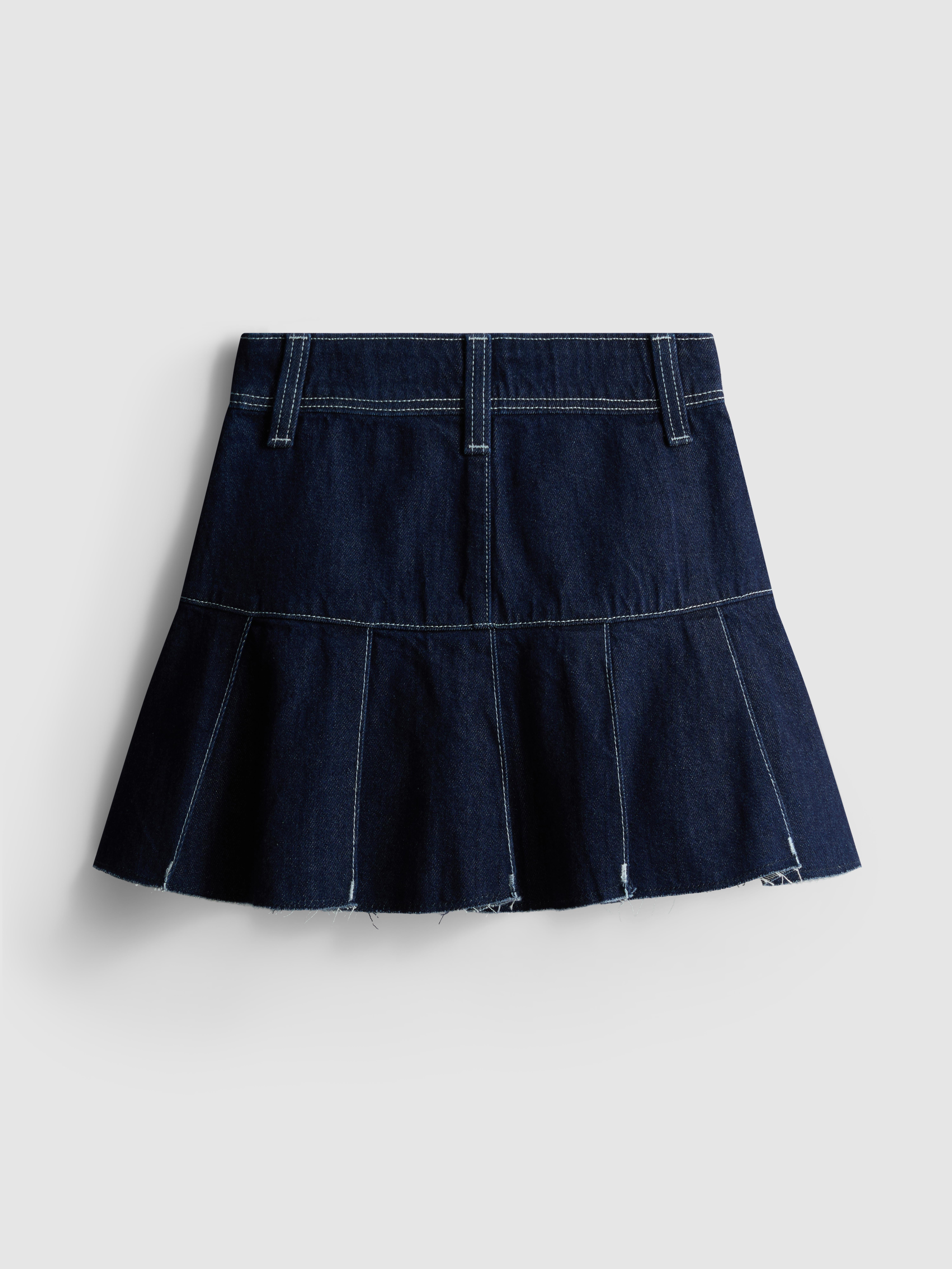 7-15yrs | Pleated Contrast-Stitch Denim Skirt