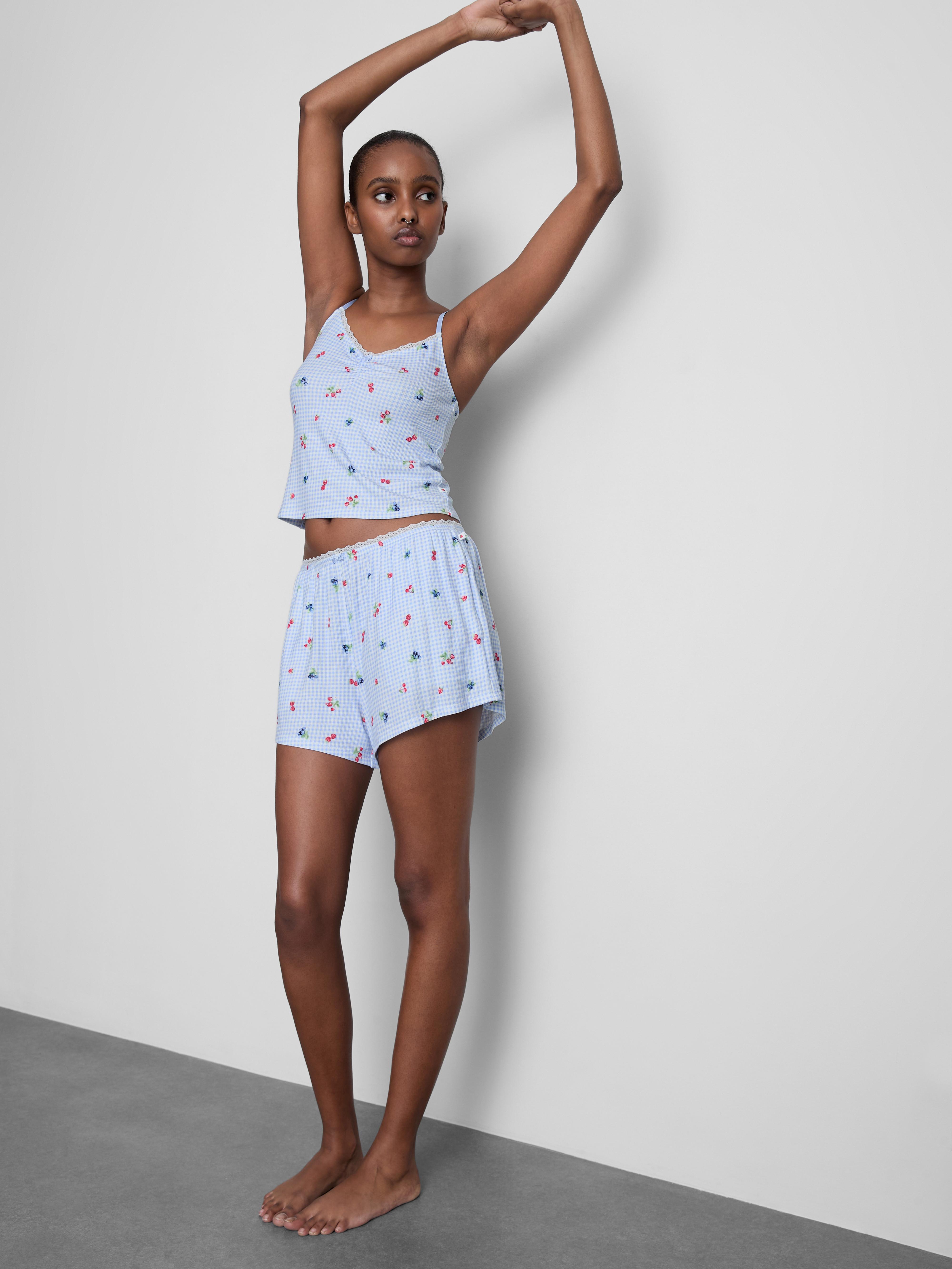 Women's Light Blue Gingham Berry Ribbed Pajama Shorts